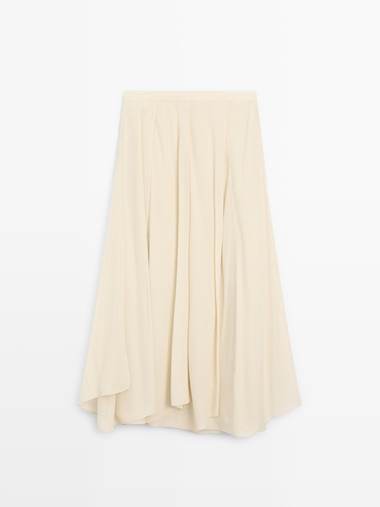 Massimo Dutti - Dame - Midinederdel Med Blødt Fald Og Flæser - Råhvid - 42