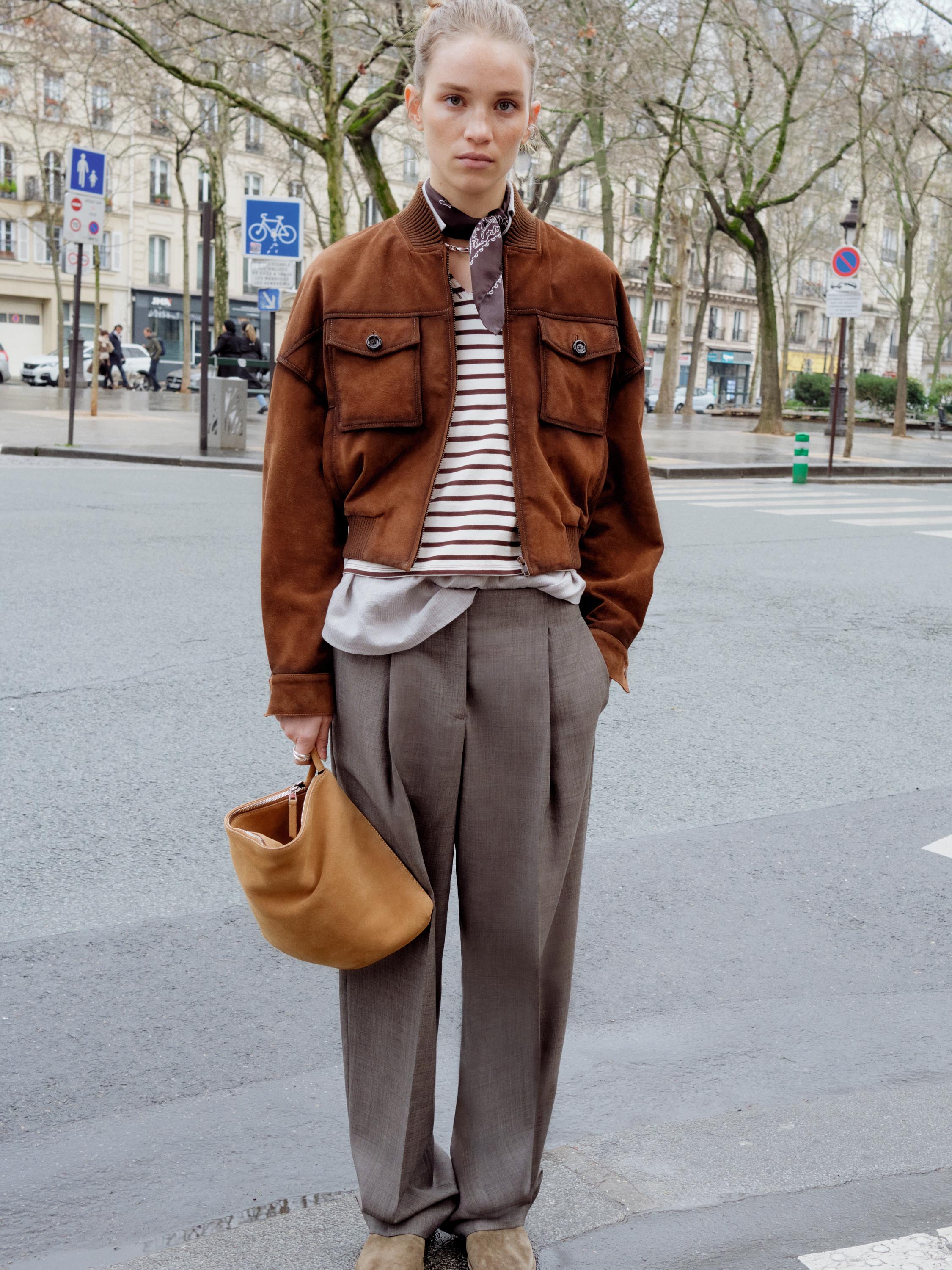 Suede leather bomber jacket with pockets