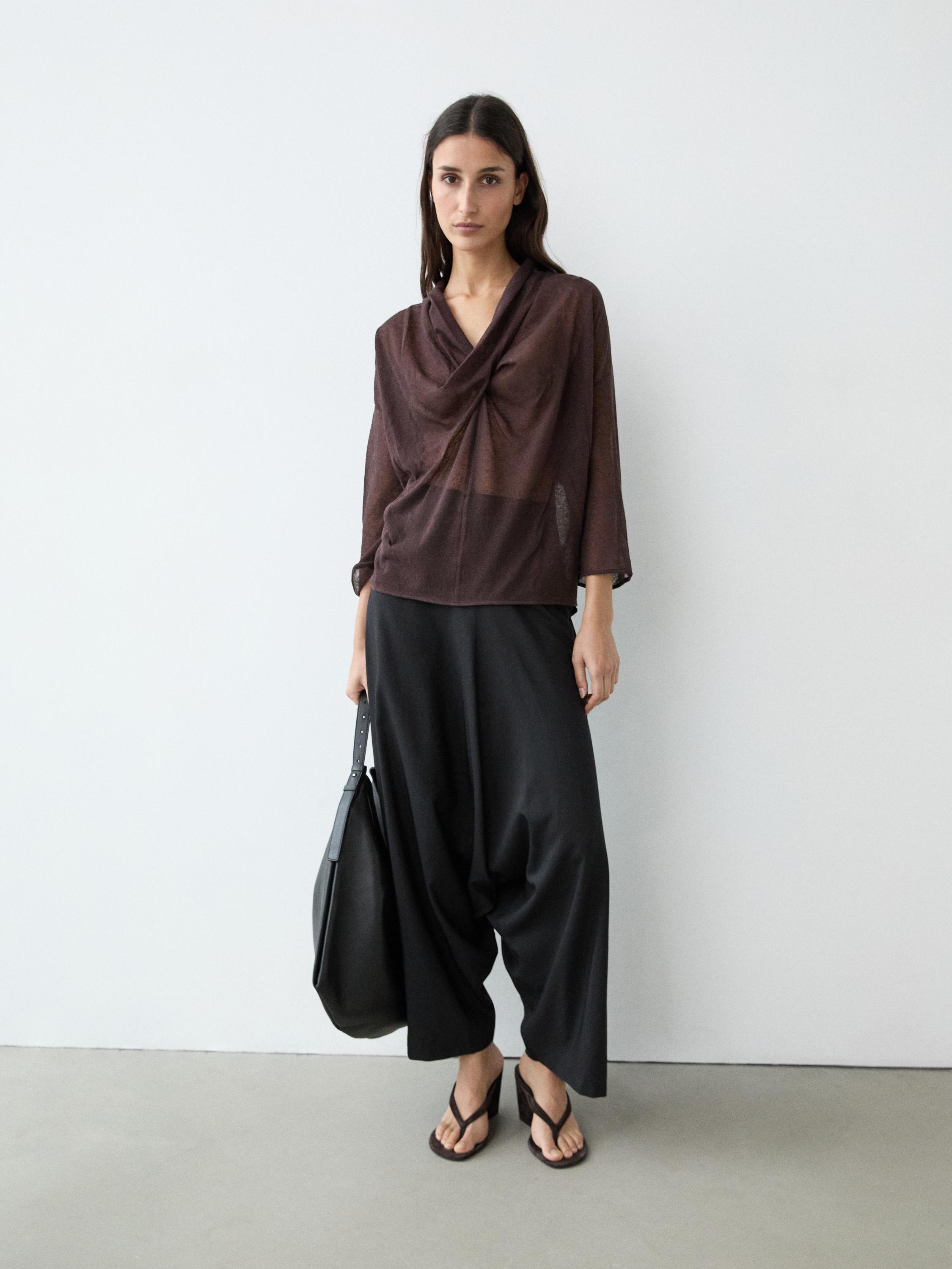 Linen blend shirt with cowl neckline — AUBERGINE