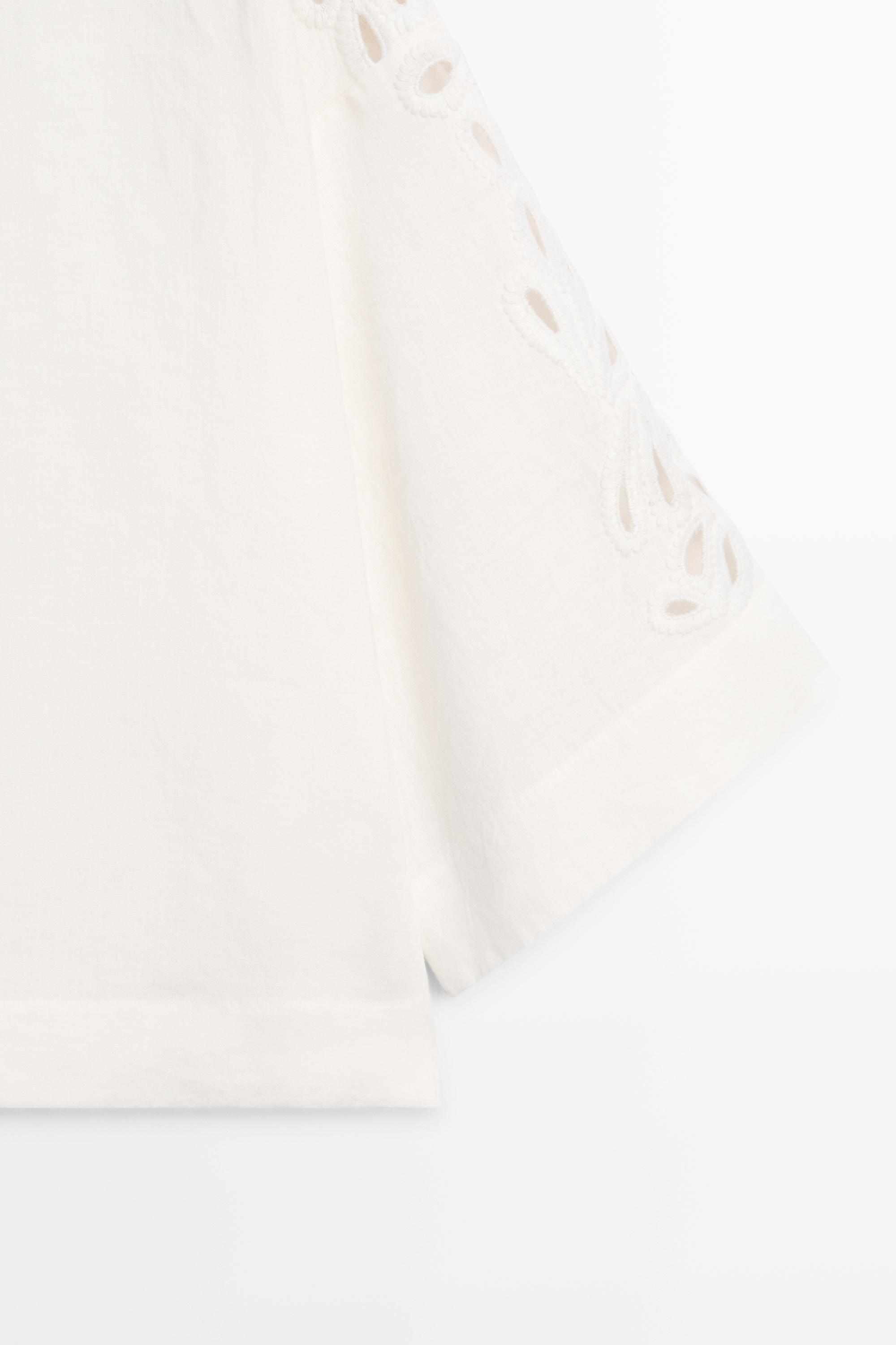 Linen boat neck blouse with embroidery — CREAM