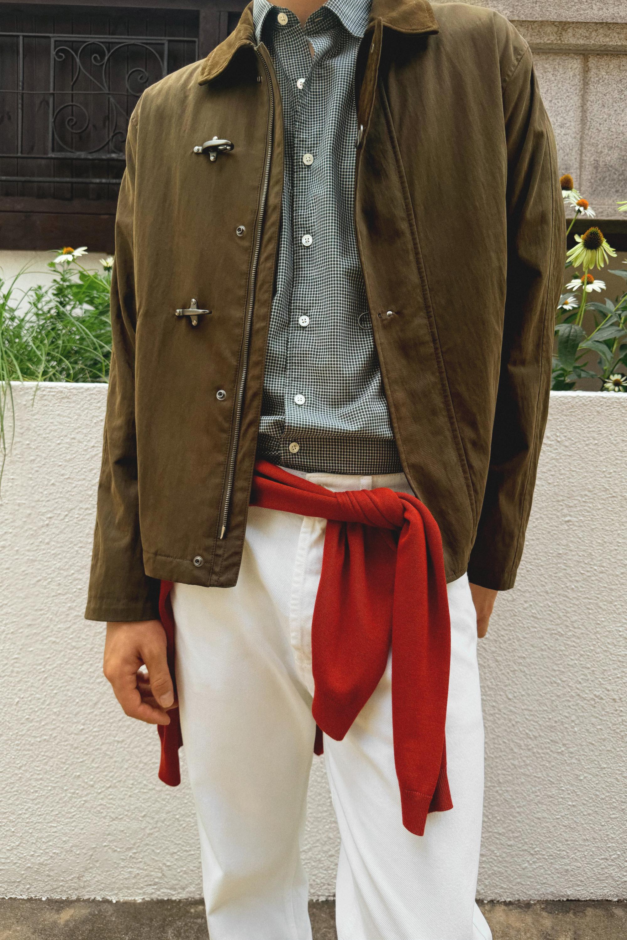 Jacket with leather collar detail — DARK KHAKI
