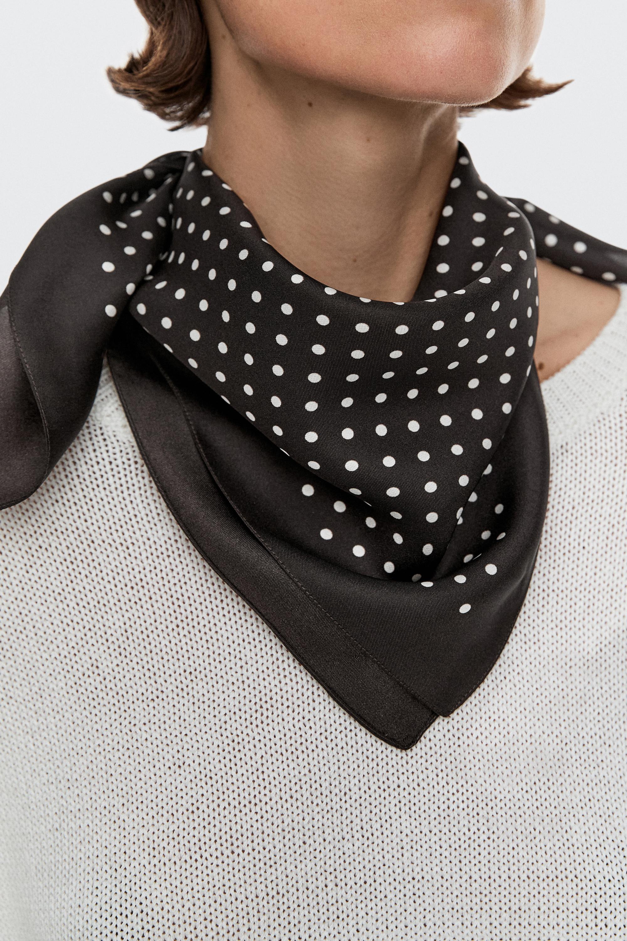 Polka dot print 100% silk scarf — BROWN
