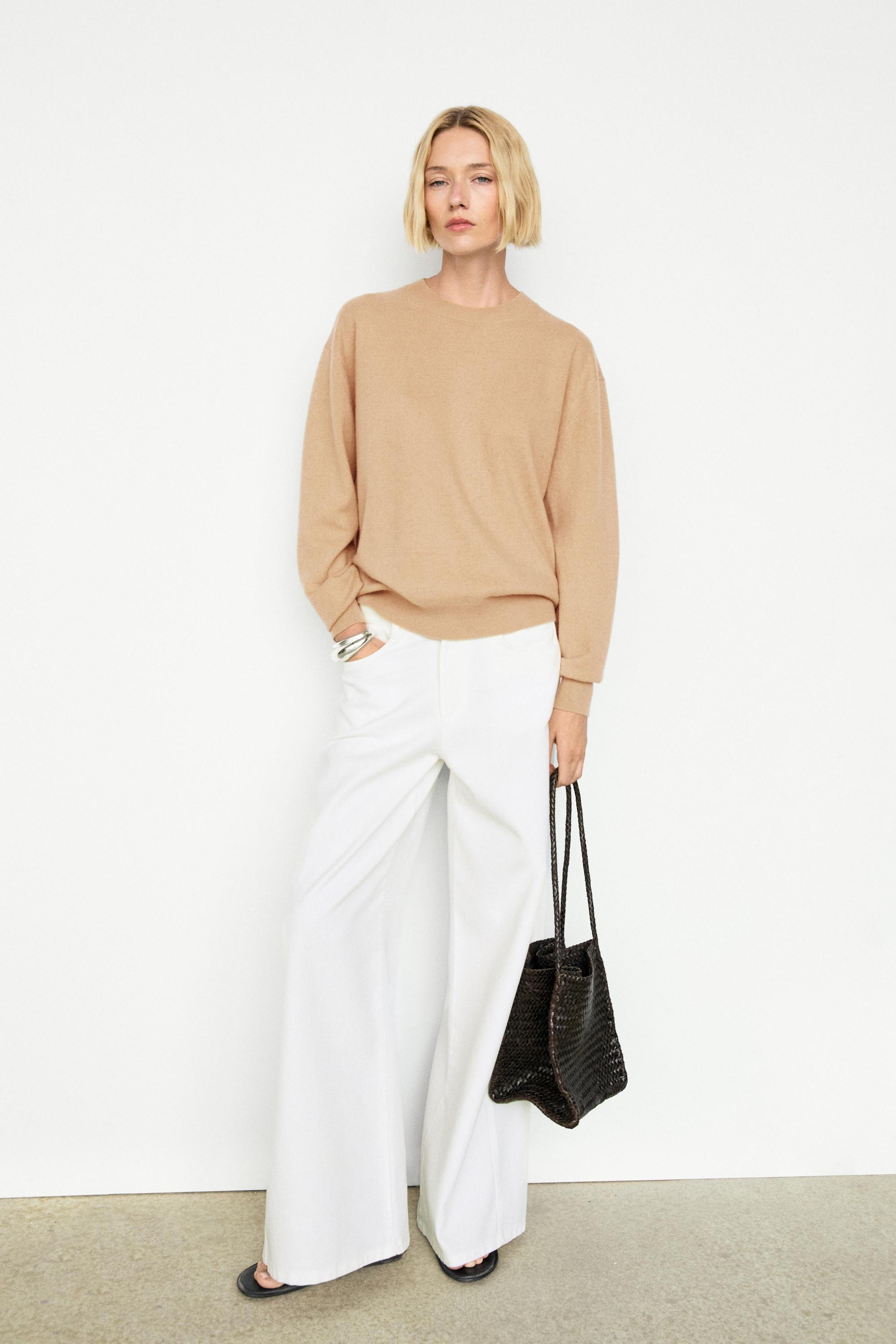 100% cashmere long sleeve sweater — CAMEL