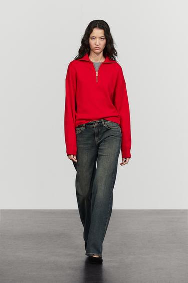 Cotton knit polo sweater with quarter-zip collar — RED 1