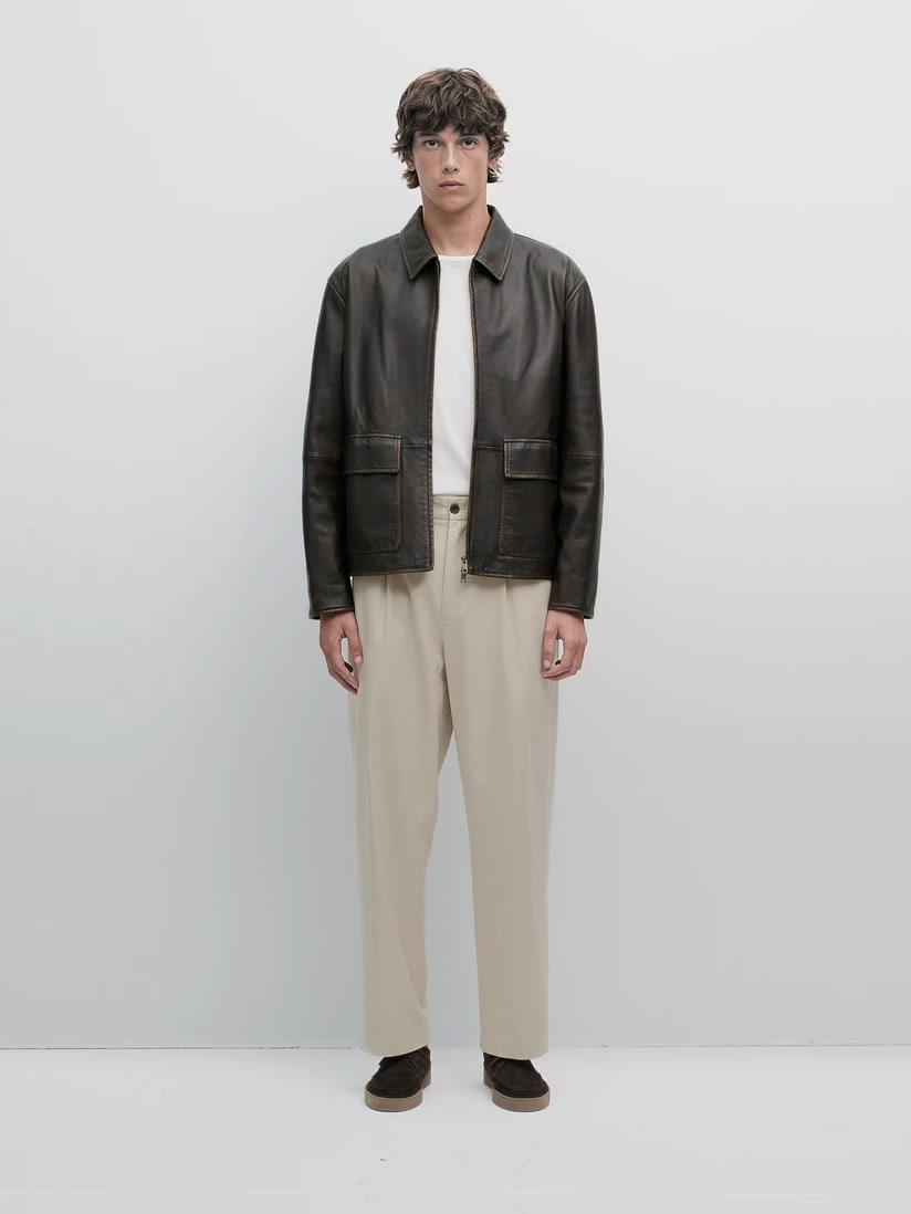 Distressed effect short nappa leather jacket