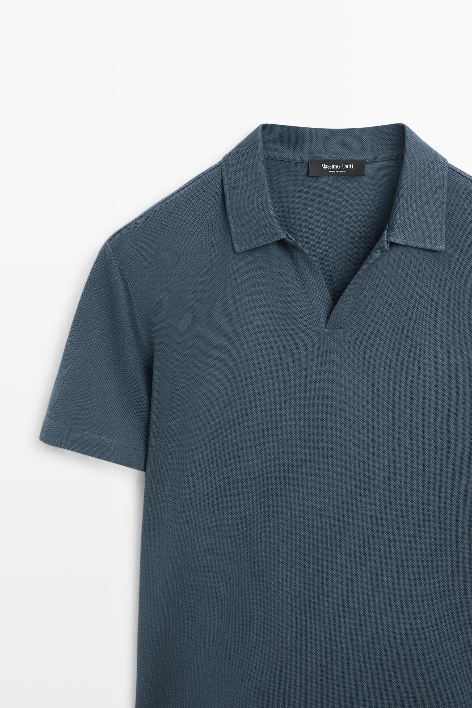 Micro-textured V-neck piqué polo shirt — DARK BLUE