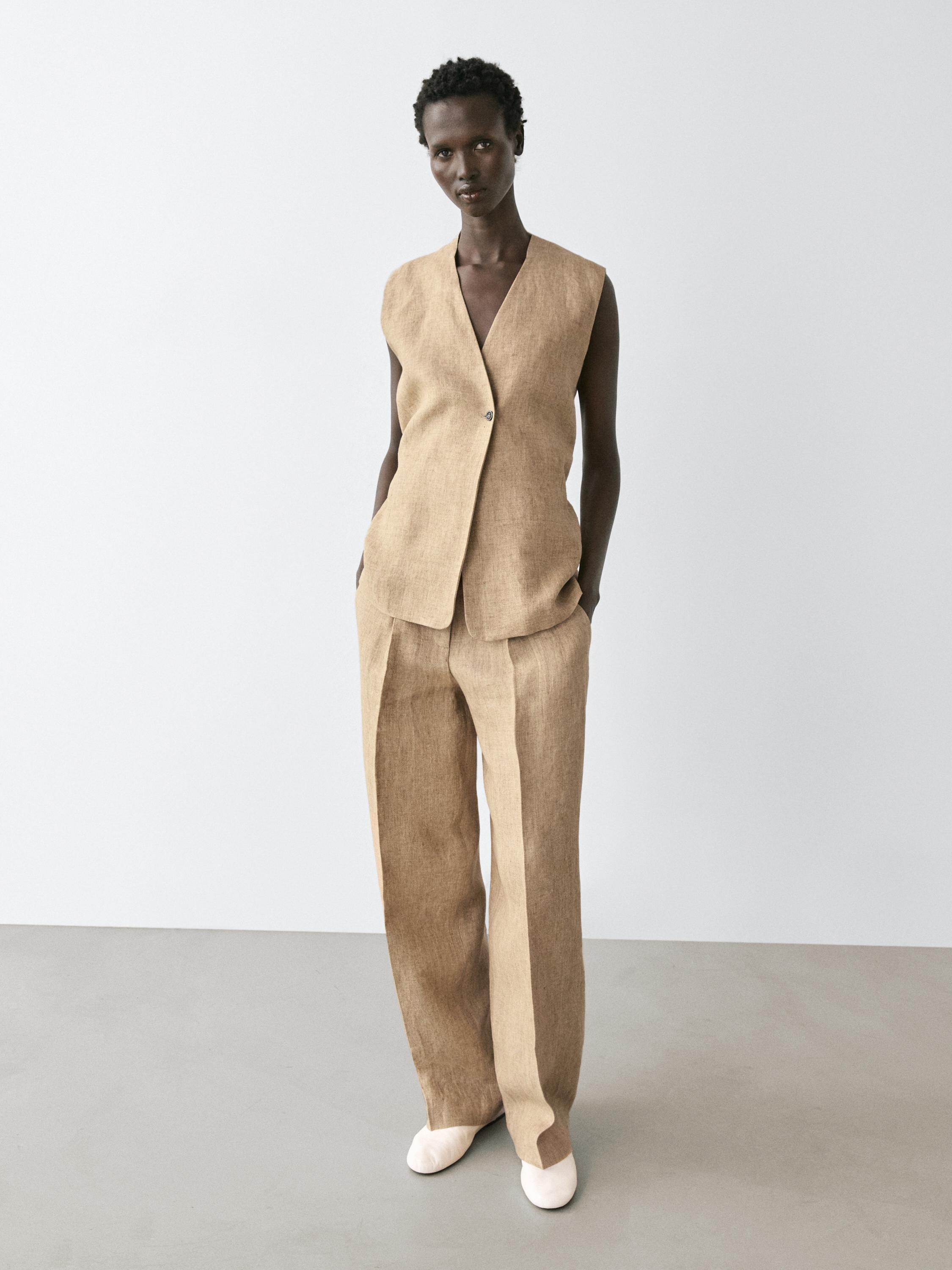Flowing linen trousers with darts — BEIGE