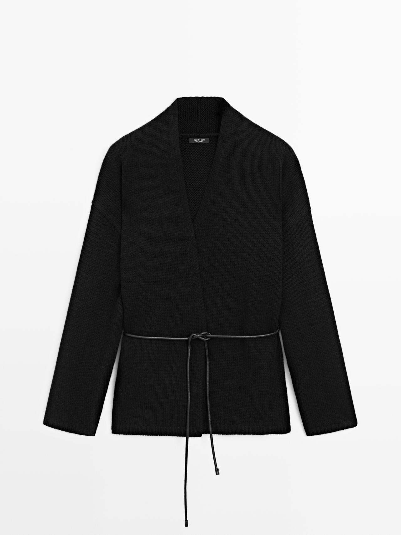 Massimo Dutti - Dame - Lang Cardigan I Strik Med Bælte - Sort - M