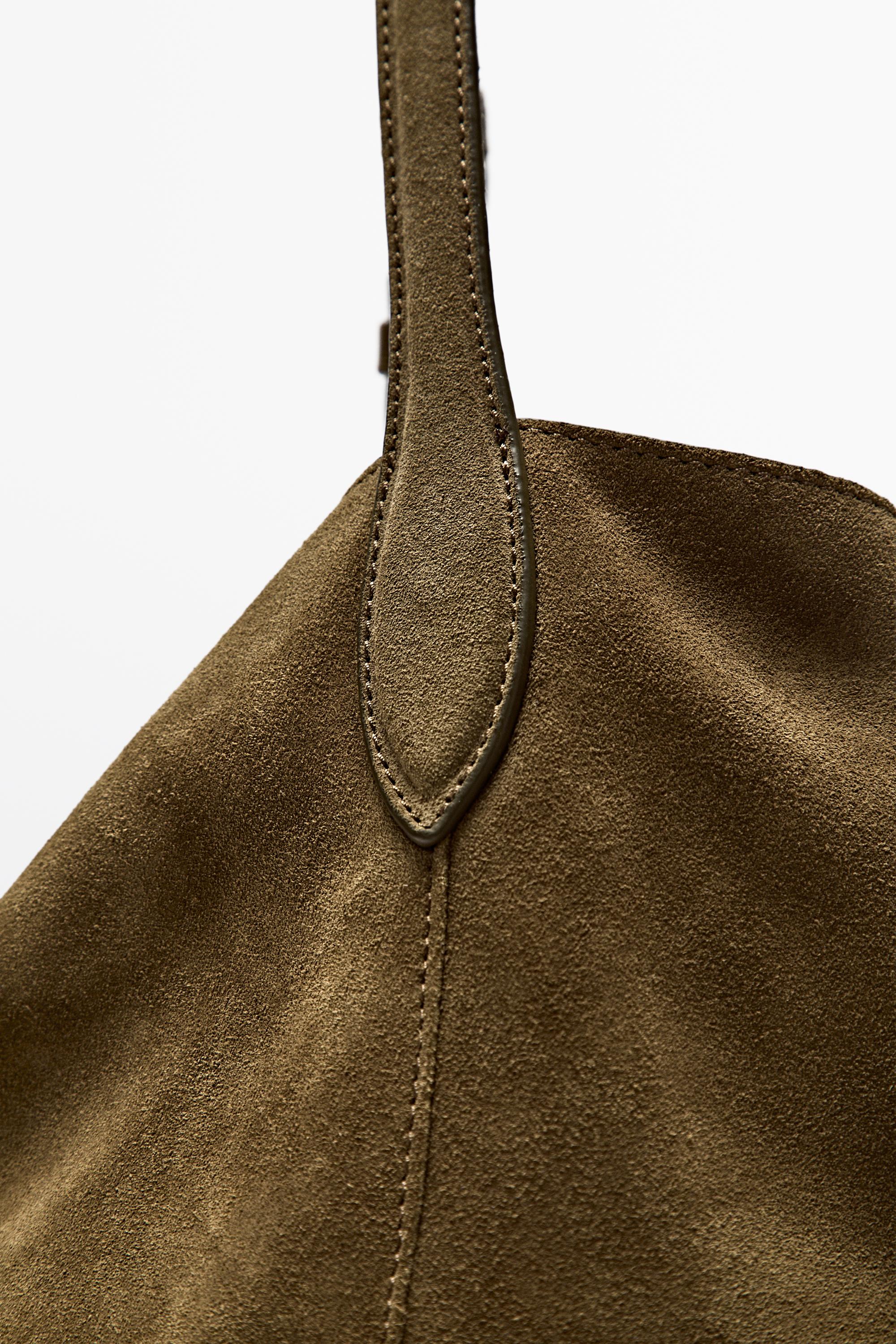 Distressed split suede leather bucket bag — KHAKI GREEN