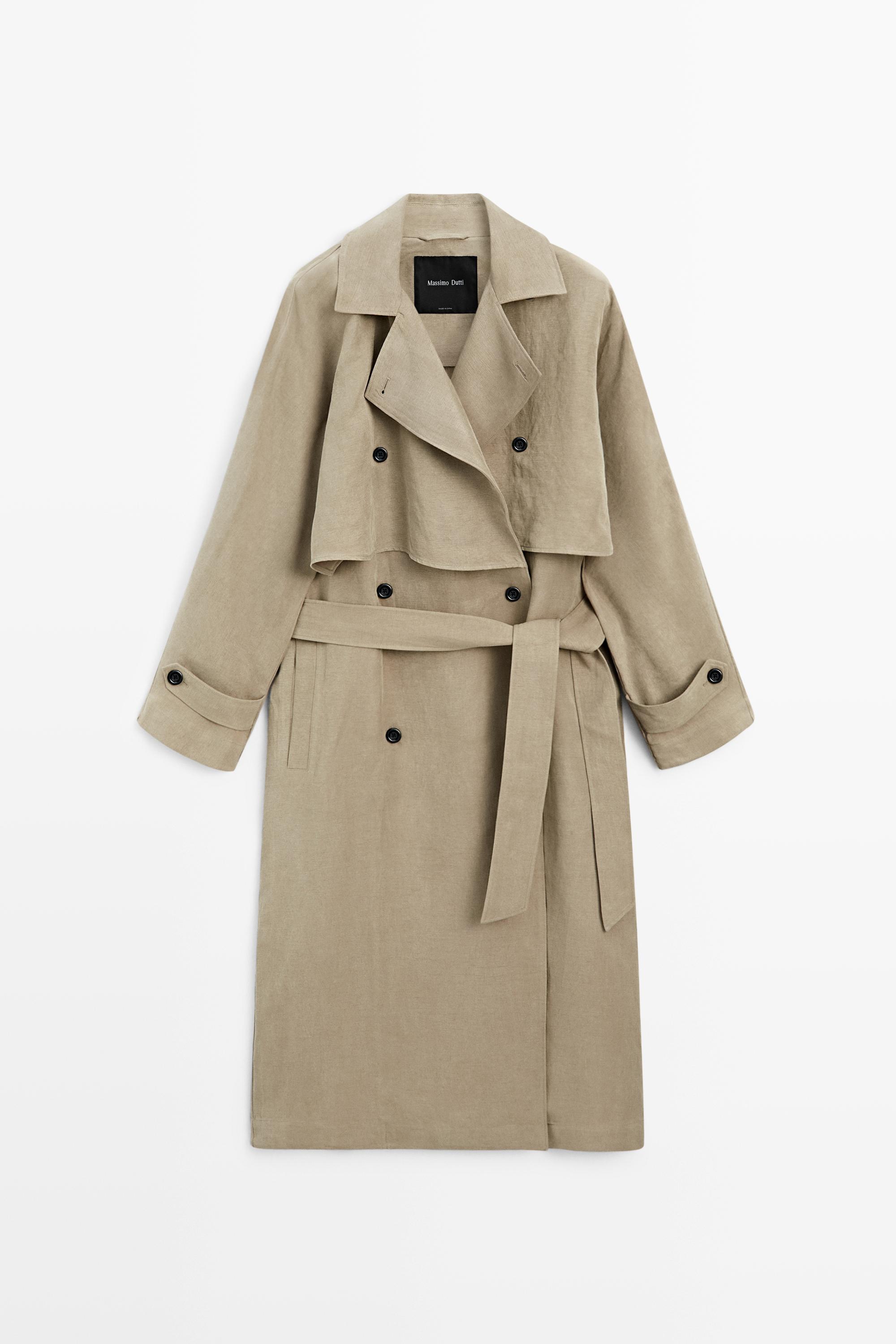 Linen blend trench coat with belt detail — SAND BROWN