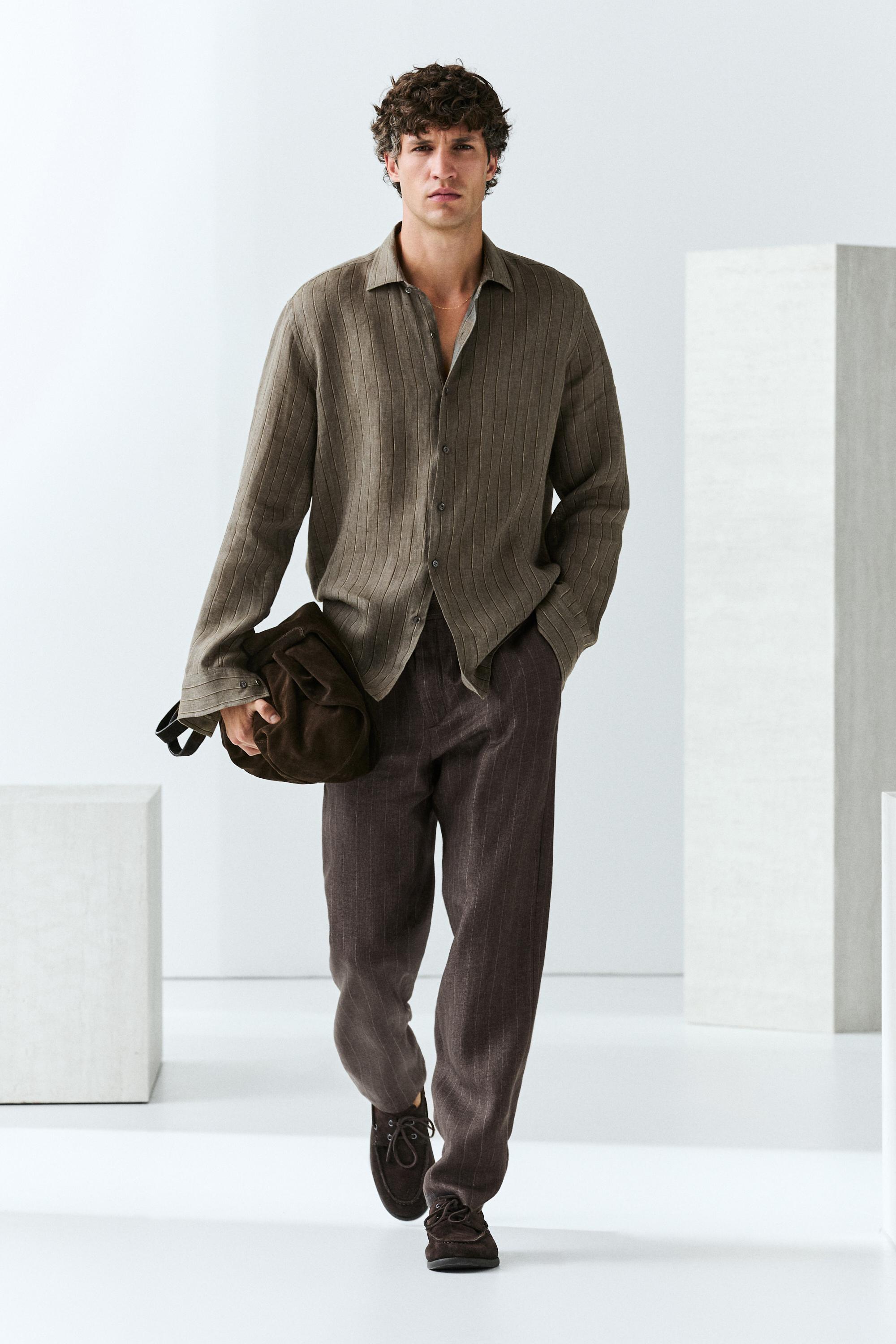 100% linen regular fit striped shirt — DARK GREEN