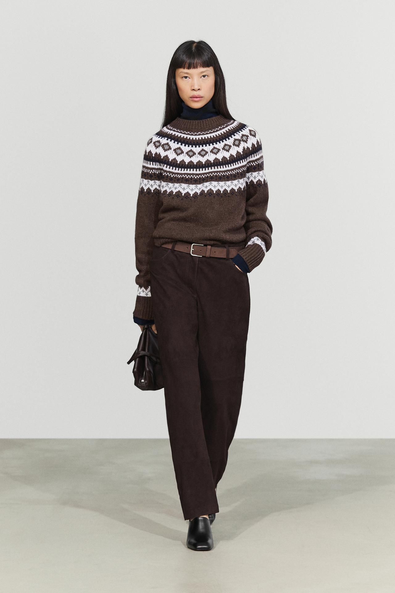 Wool blend jacquard knit sweater — BROWN