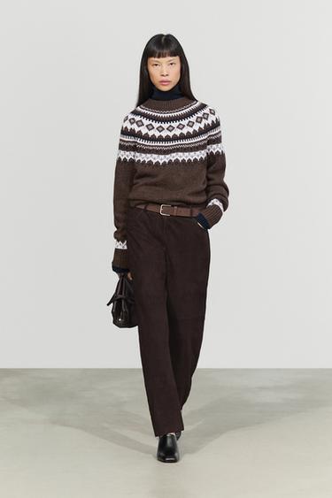 Wool blend jacquard knit sweater — BROWN 1