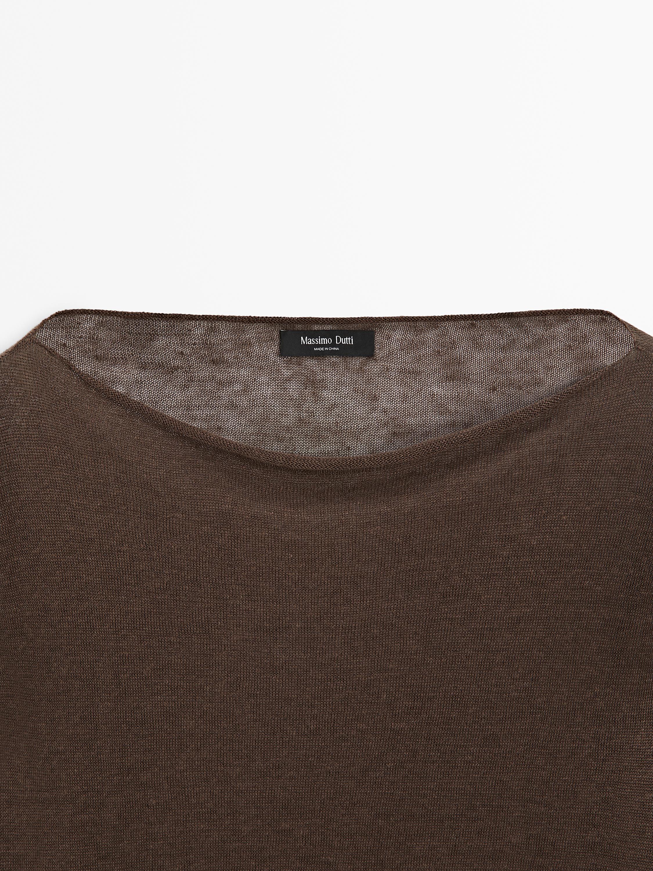 Linen knit boat neck T-shirt — BROWN