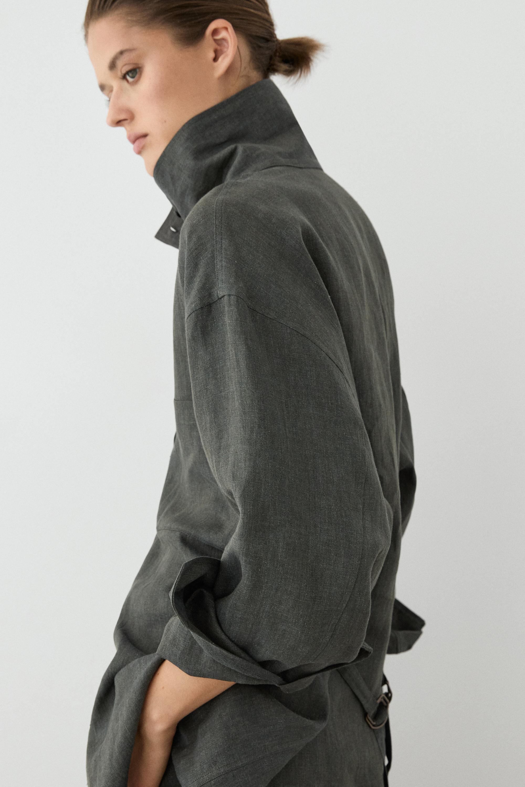 Melange linen overshirt with buckles — BLUISH GREEN