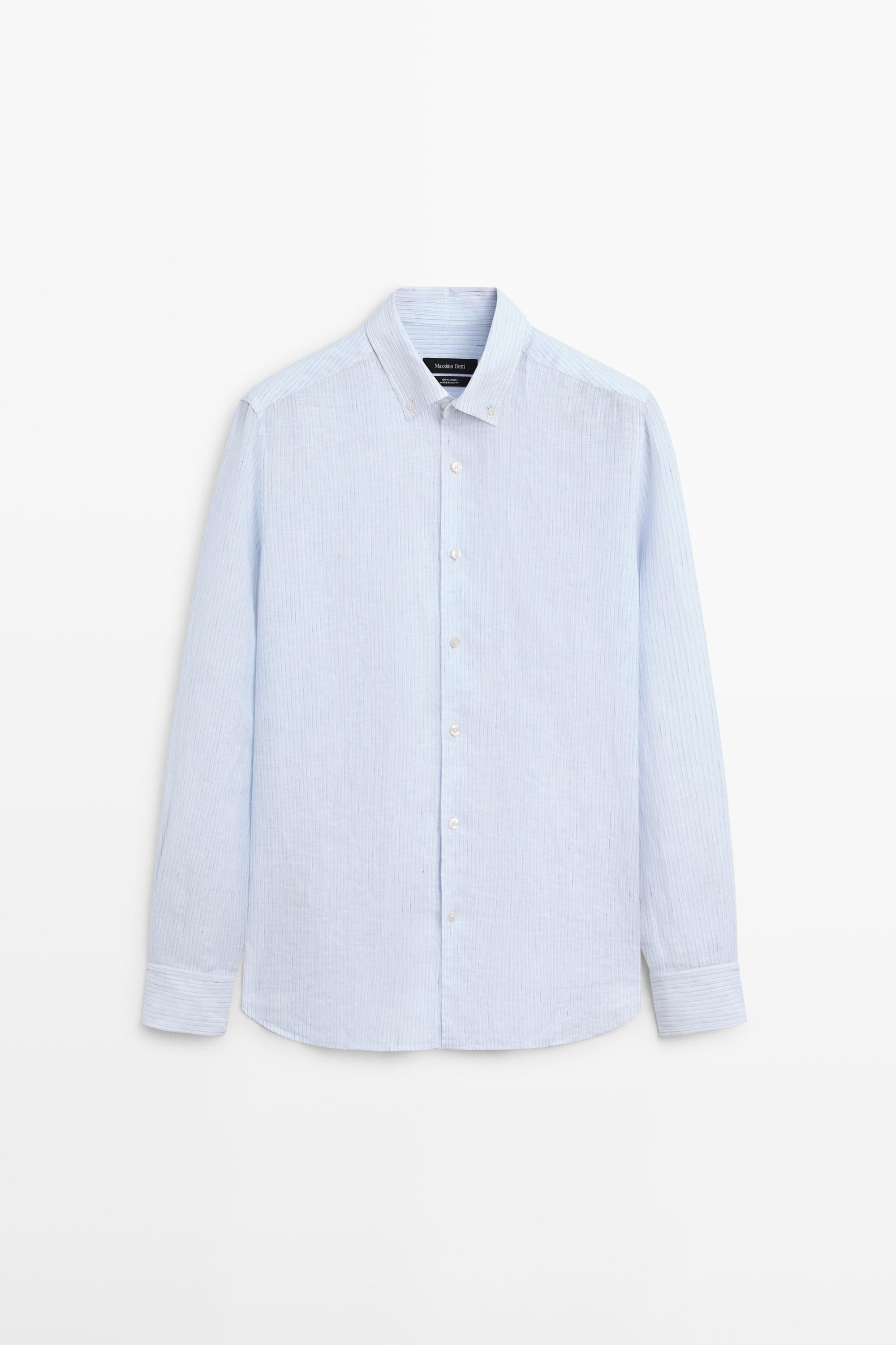 Regular fit 100% linen striped shirt — Sky blue