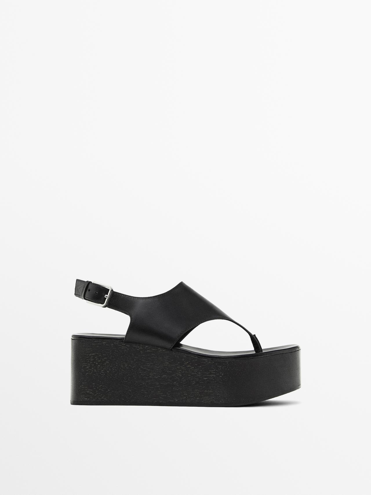Massimo Dutti - Dame - Sandaler Med Kilehæl I Træ - Sort - 40