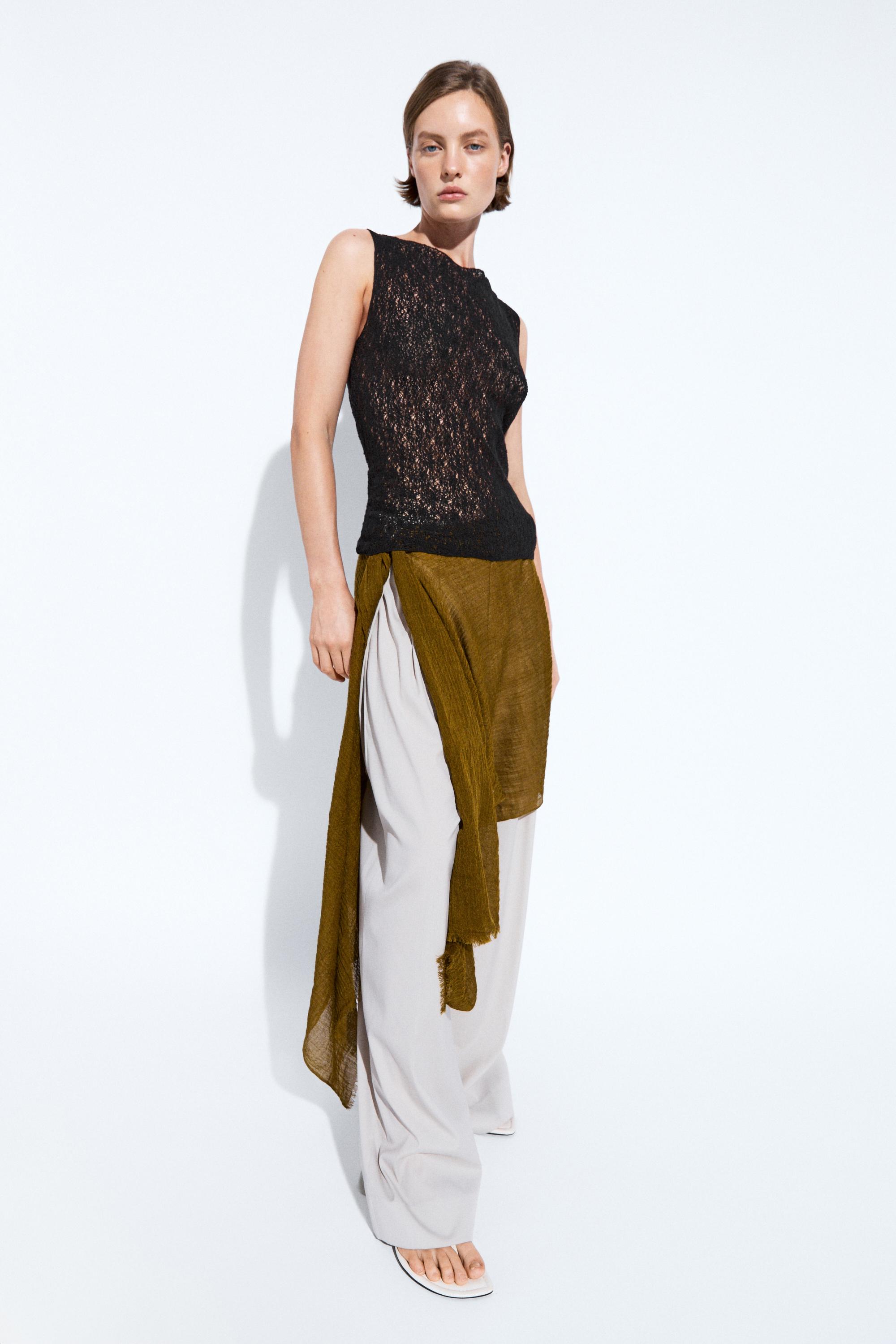 Sleeveless open-knit top — BLACK