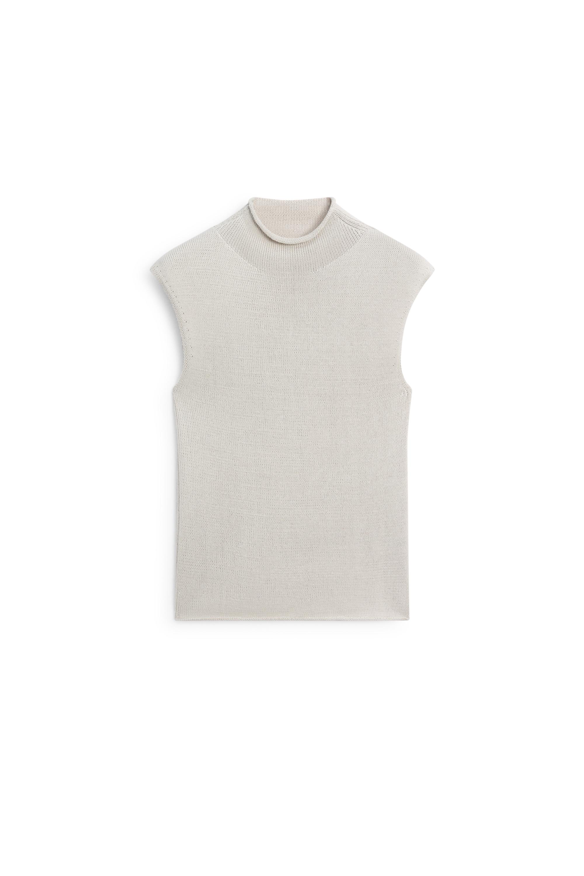 Cotton blend high neck knit top — STONE