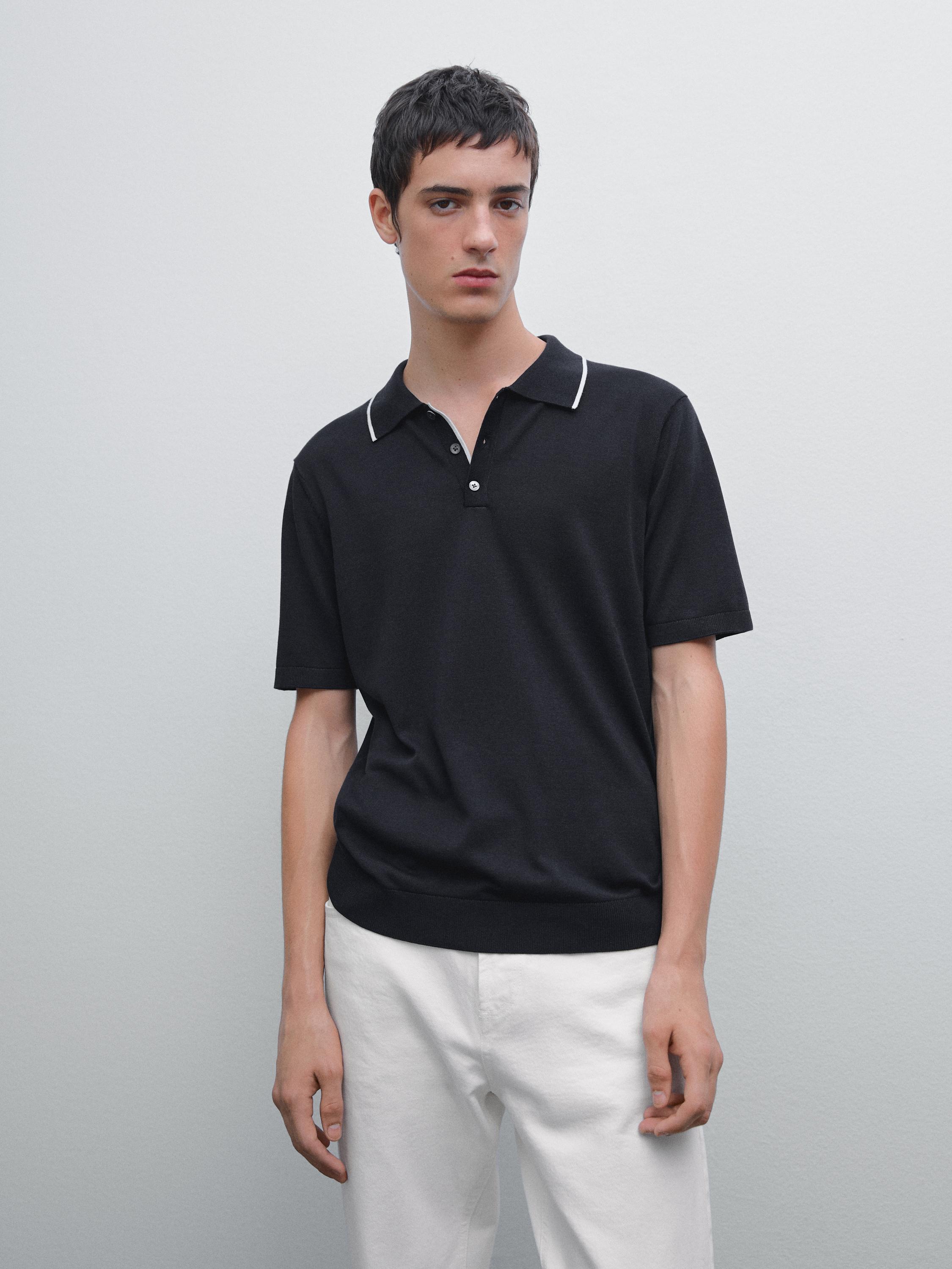 Knit polo shirt with coloured collar detail