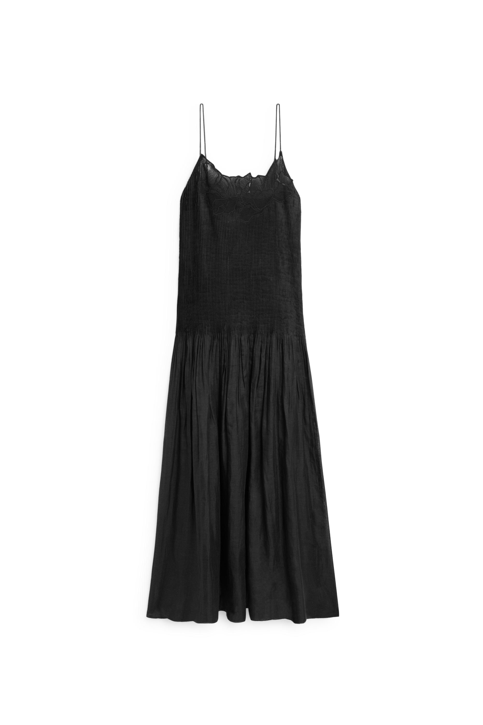 Flowing embroidered midi dress with pintuck detail — BLACK