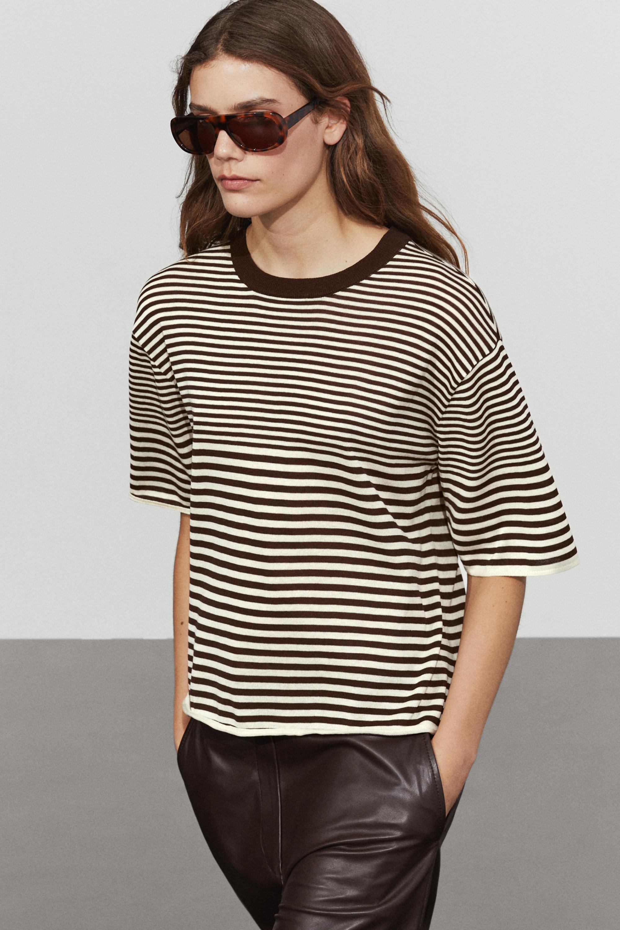 100% cotton short sleeve striped T-shirt — BROWN