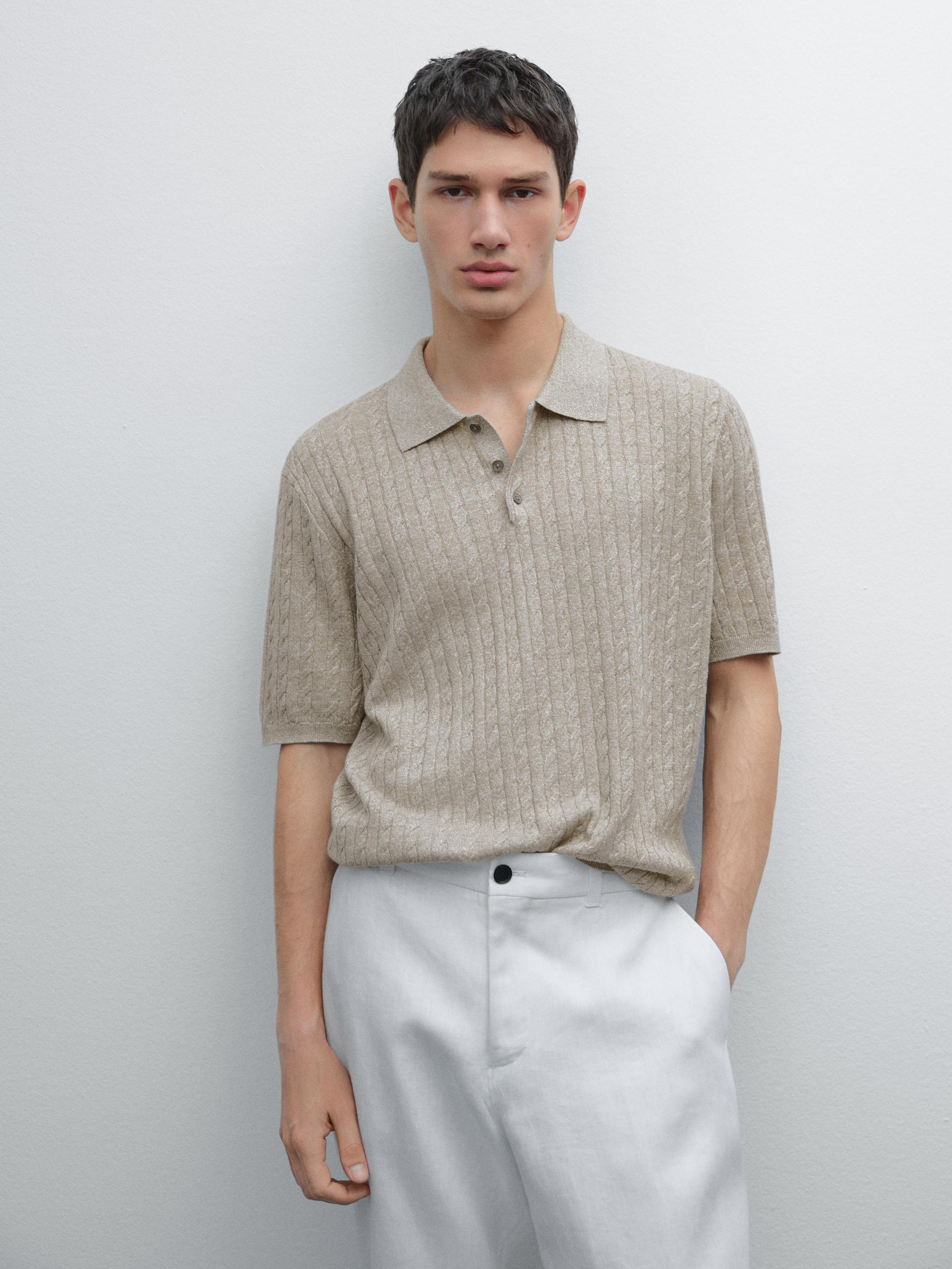 Cotton and linen blend knit polo sweater