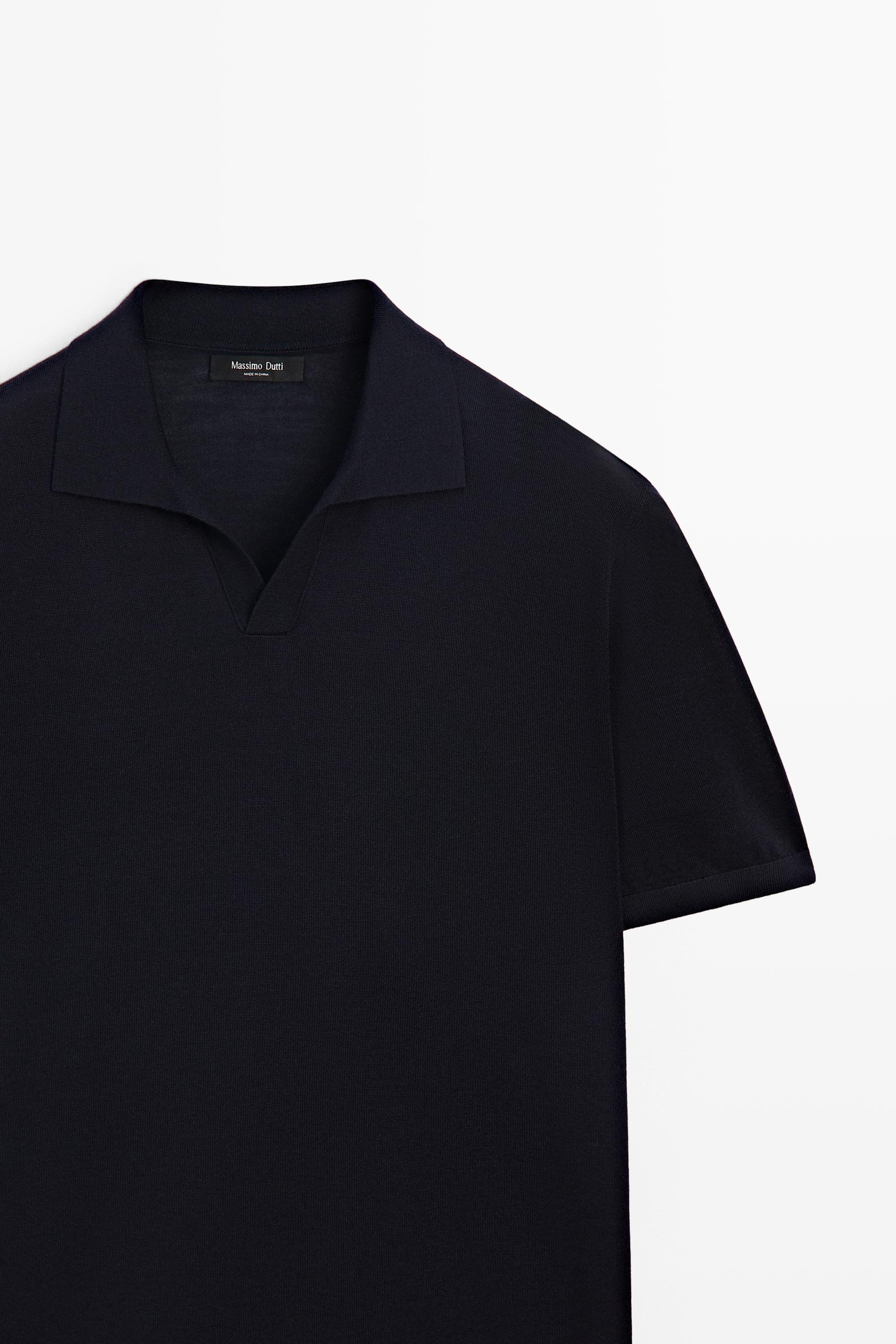 Short sleeve wool blend knit polo shirt — NAVY BLUE