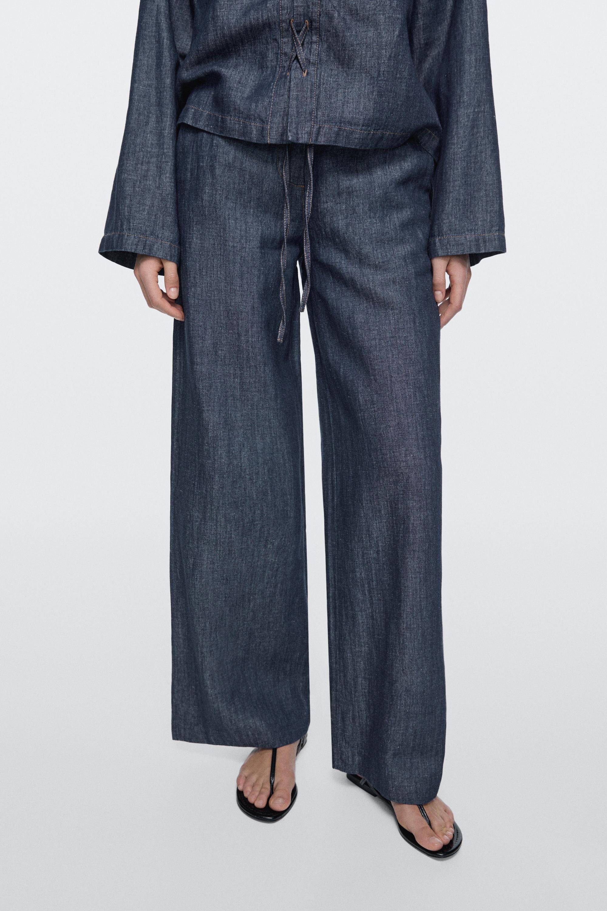 Total look linen blend wide-leg jeans — DARK BLUE