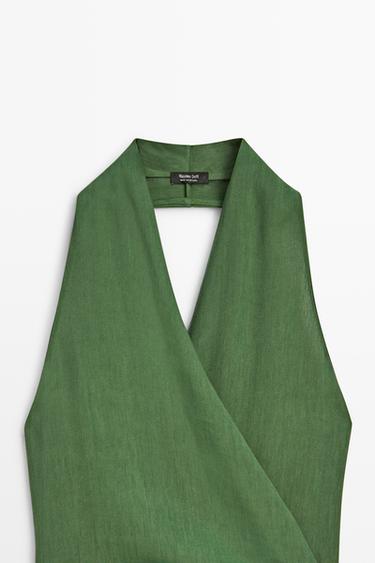 Linen halter wrap midi dress — GREEN 9