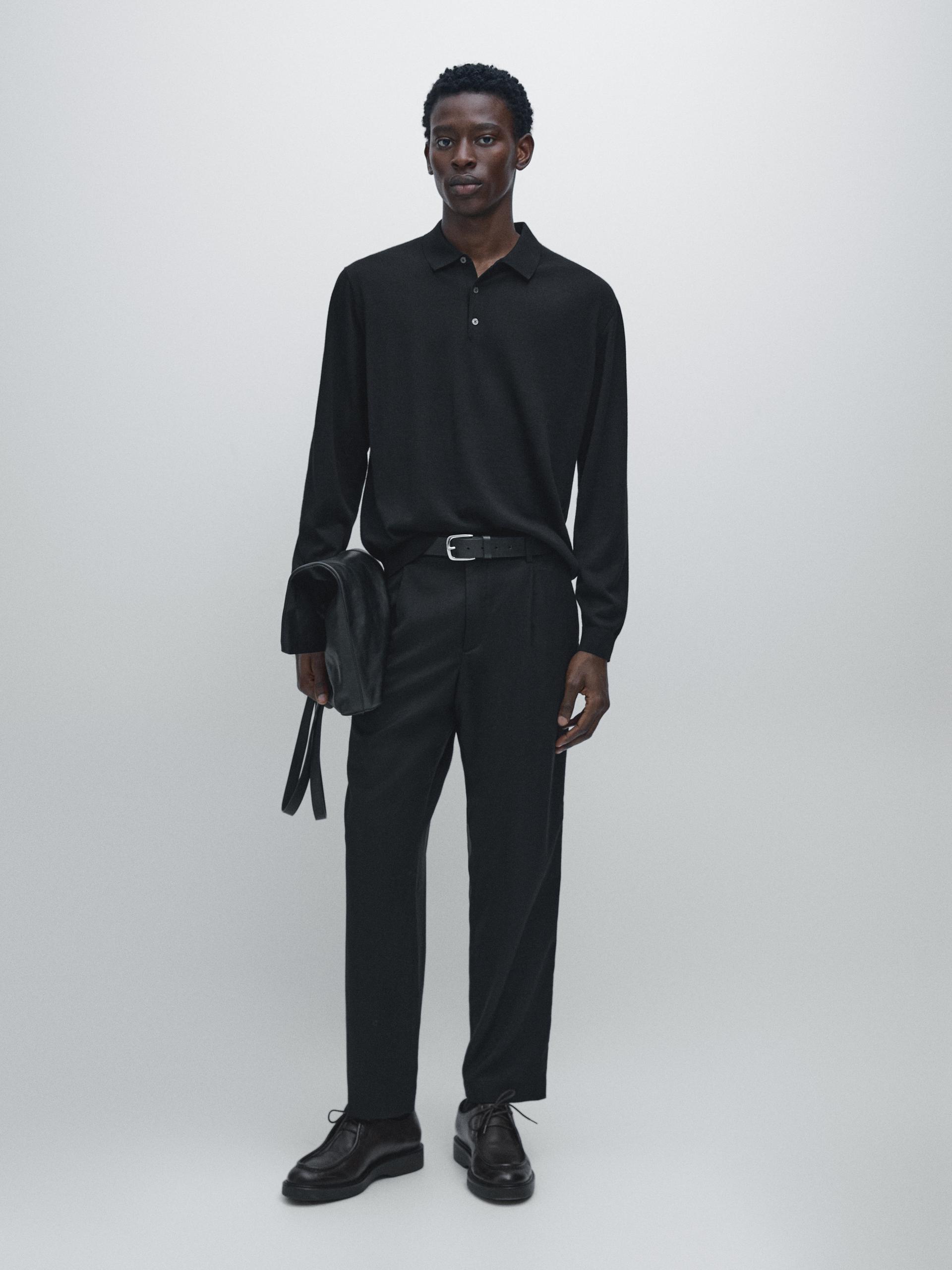 Maglia Stile Polo Lavorata 100% Lana Merino - Nero - Xl - Massimo Dutti - Maschile