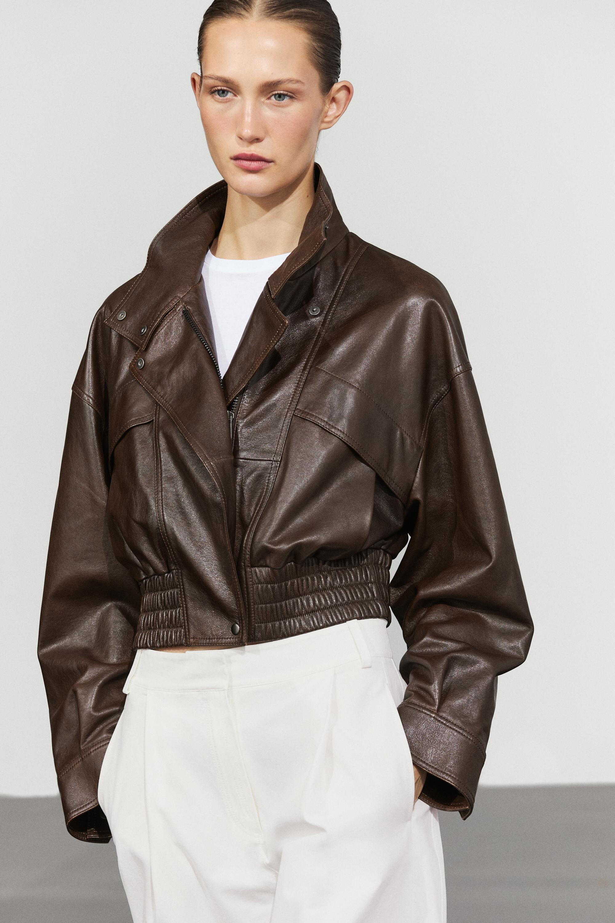 Cropped nappa leather bomber jacket — BROWN