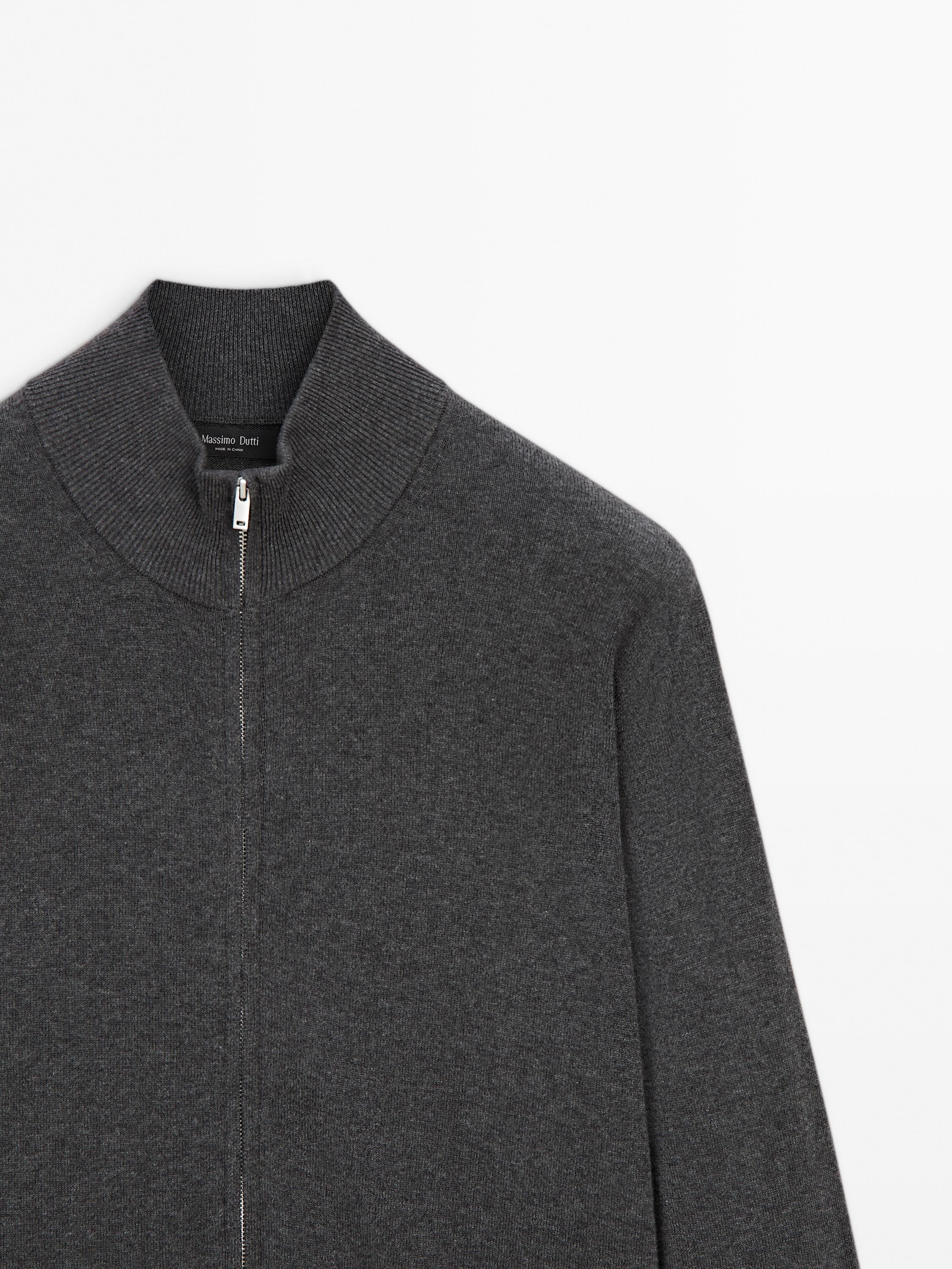 Cotton blend zip-up knit cardigan