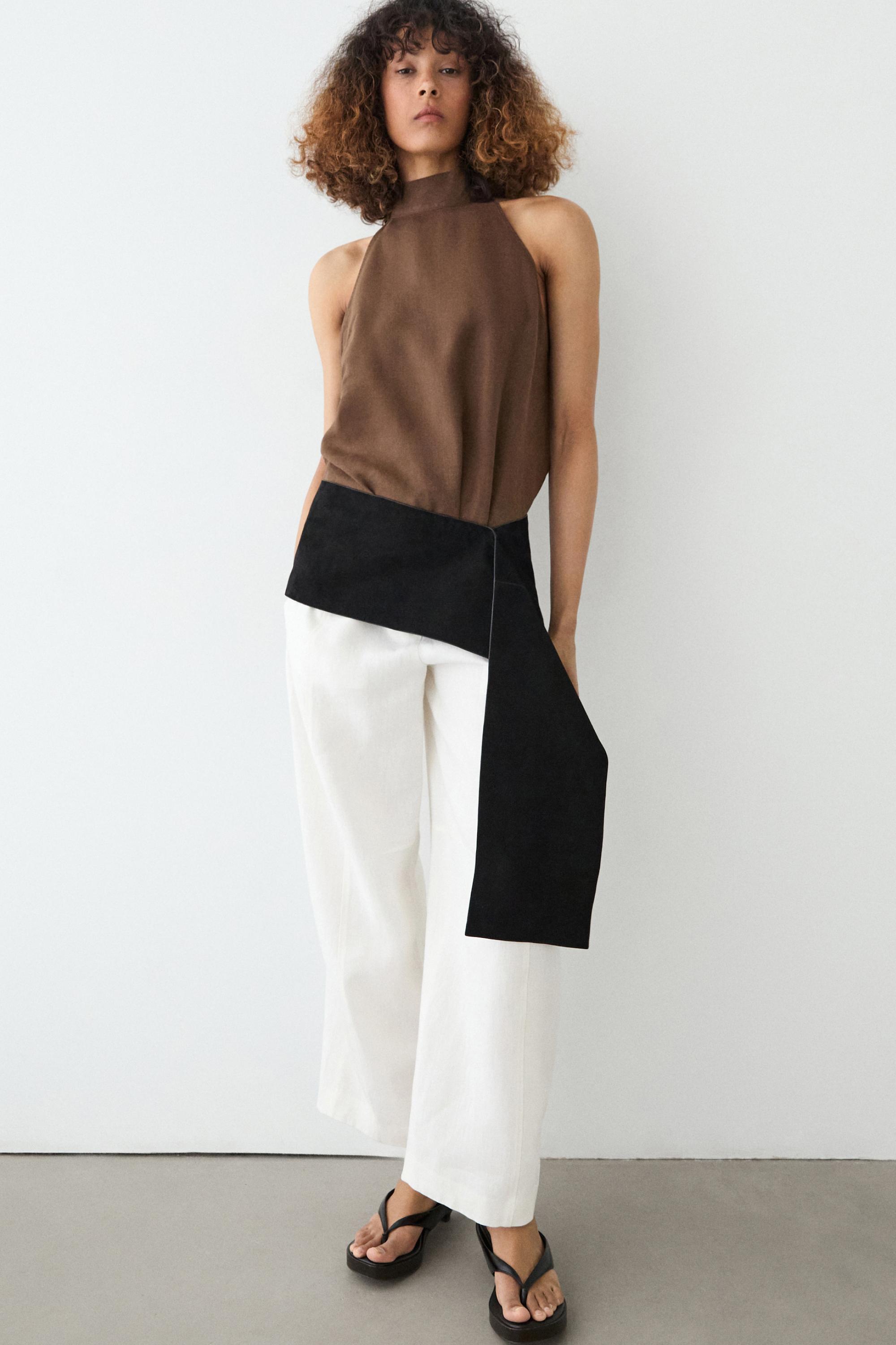 100% linen flowing halter top — BROWN
