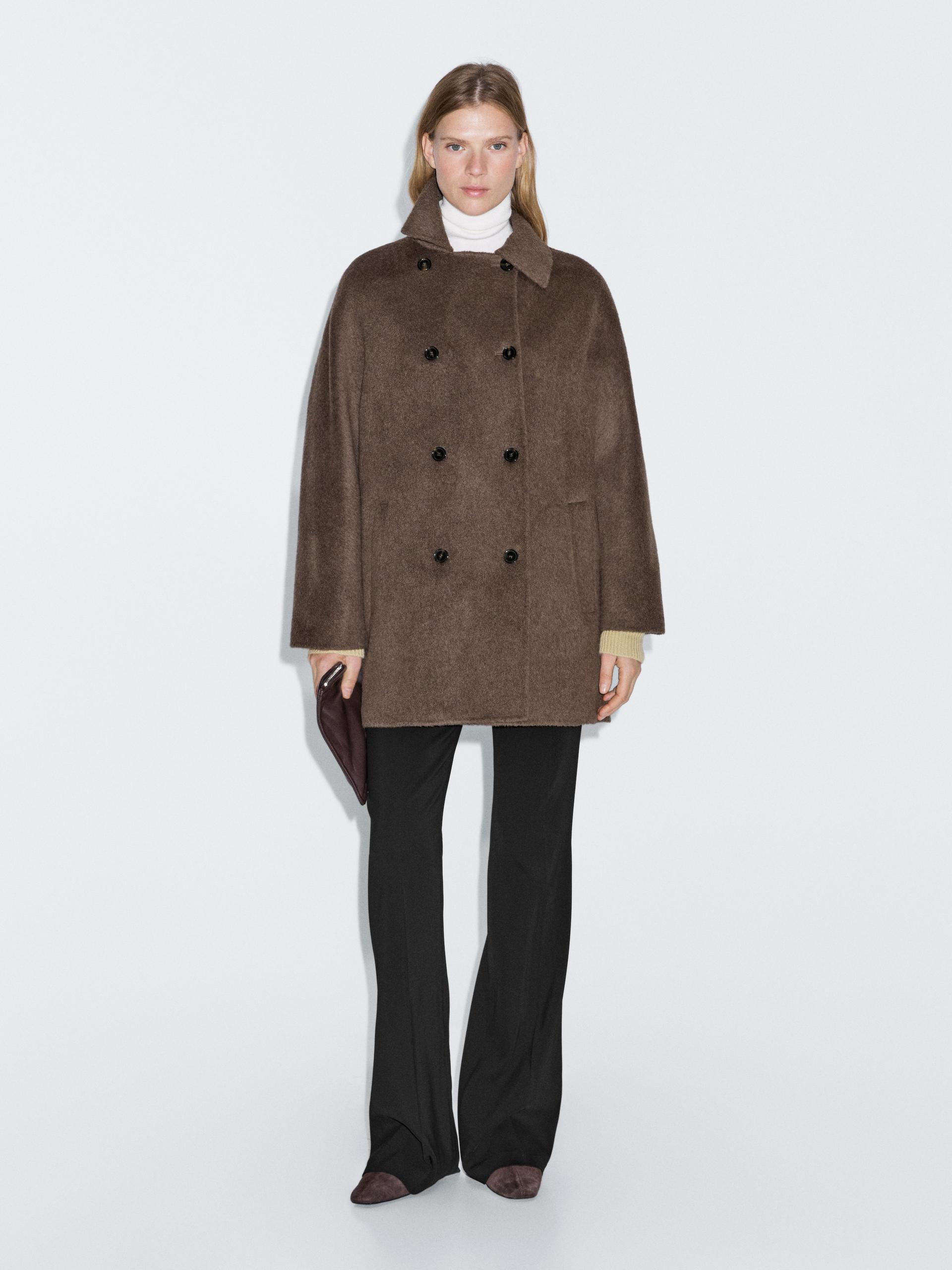Manteau Court Croisé En Laine Mélangée - Marron - M - Massimo Dutti - Femme