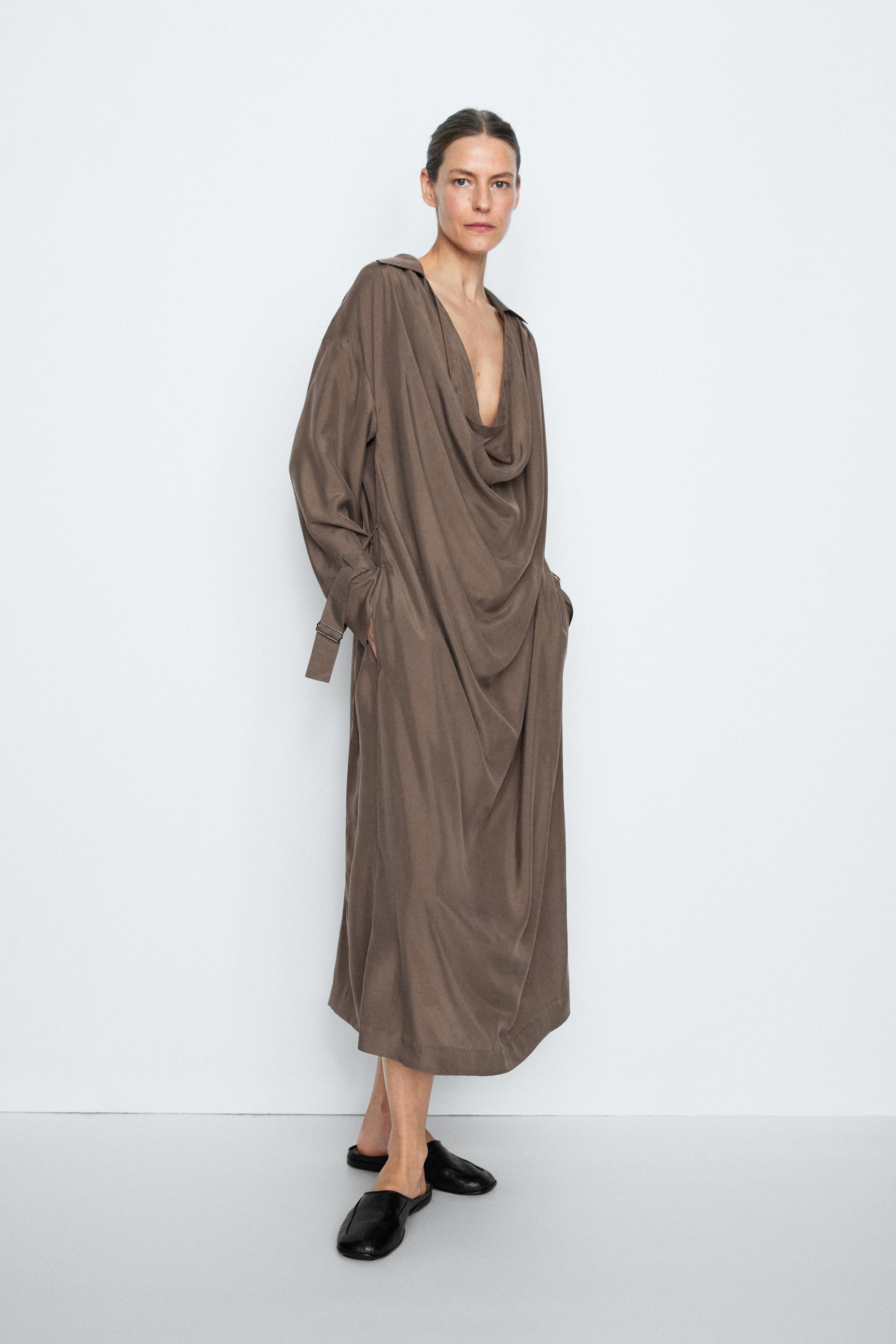 Draped neckline trench dress - STUDIO — BROWN