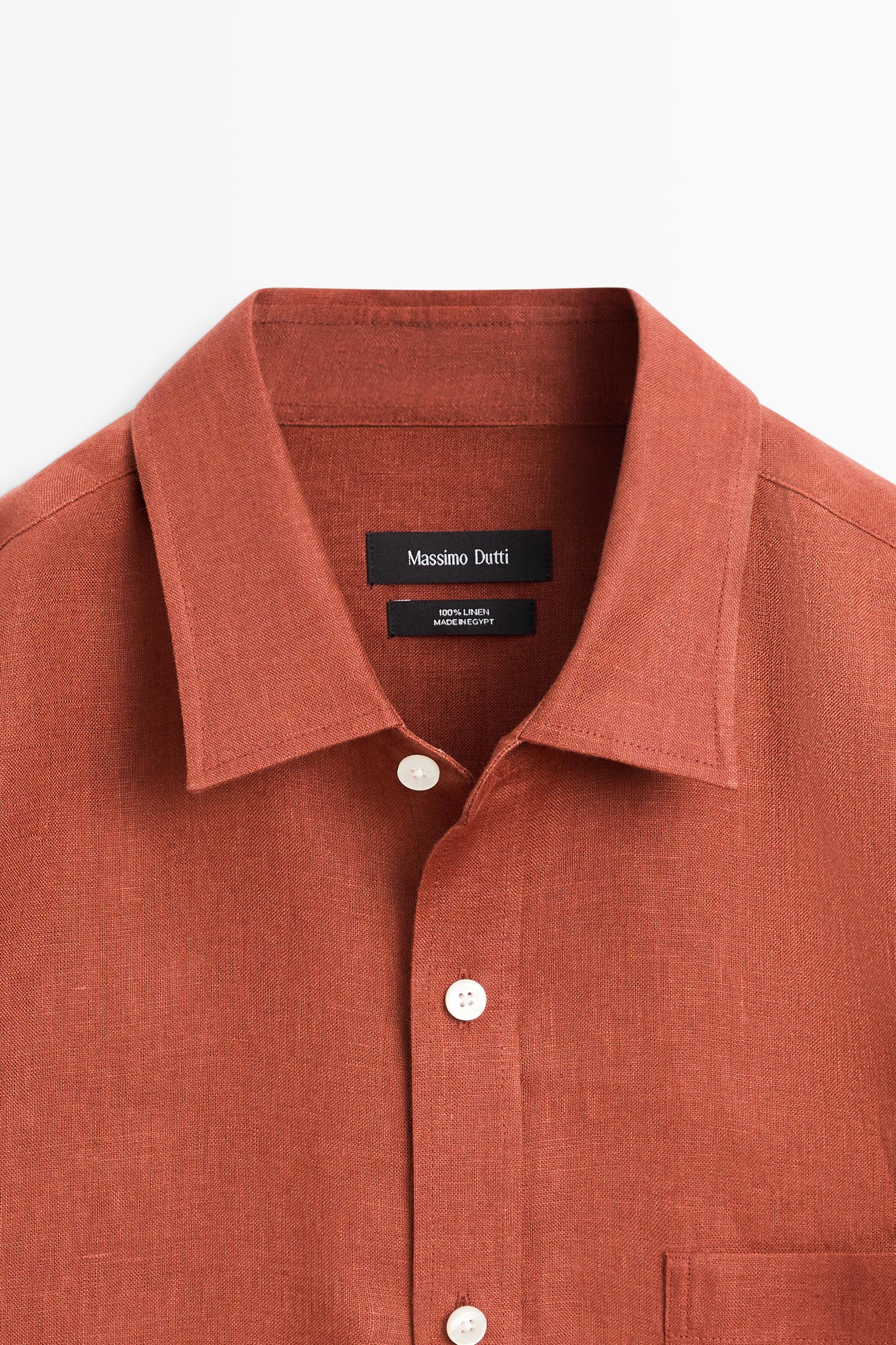 Regular fit 100% linen shirt with pocket detail — BURNT ORANGE