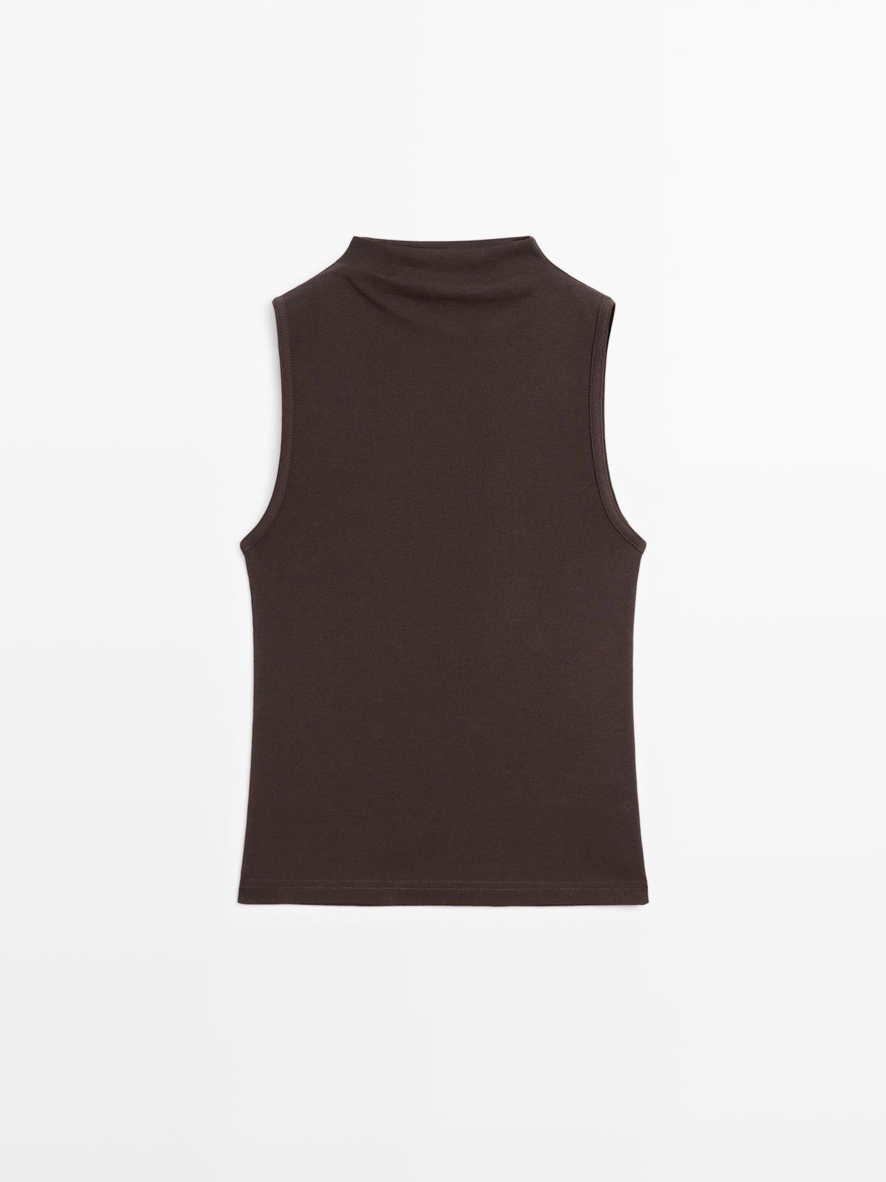 Massimo Dutti - Dame - Top I 100 % Bomuld Med Skorstenskrave - Brun - Xl