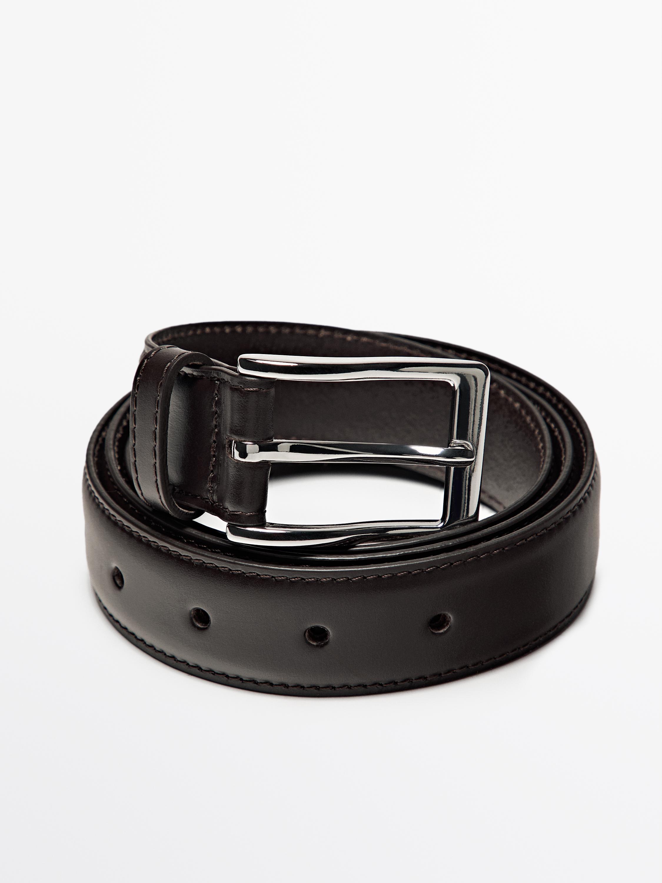 Smart nappa leather belt with topstitching — BROWN