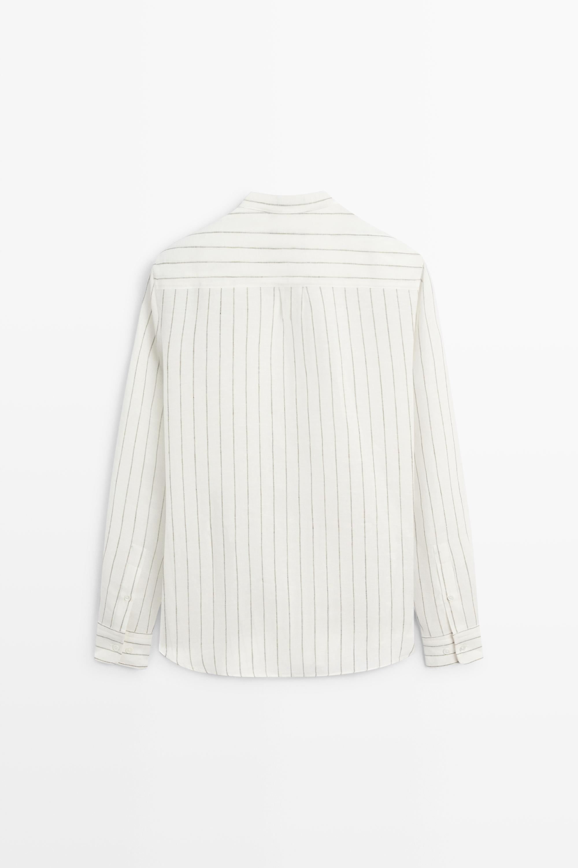 100% linen striped stand collar shirt — SAND