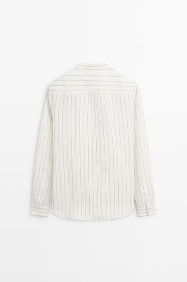 100% linen striped stand collar shirt — SAND 6