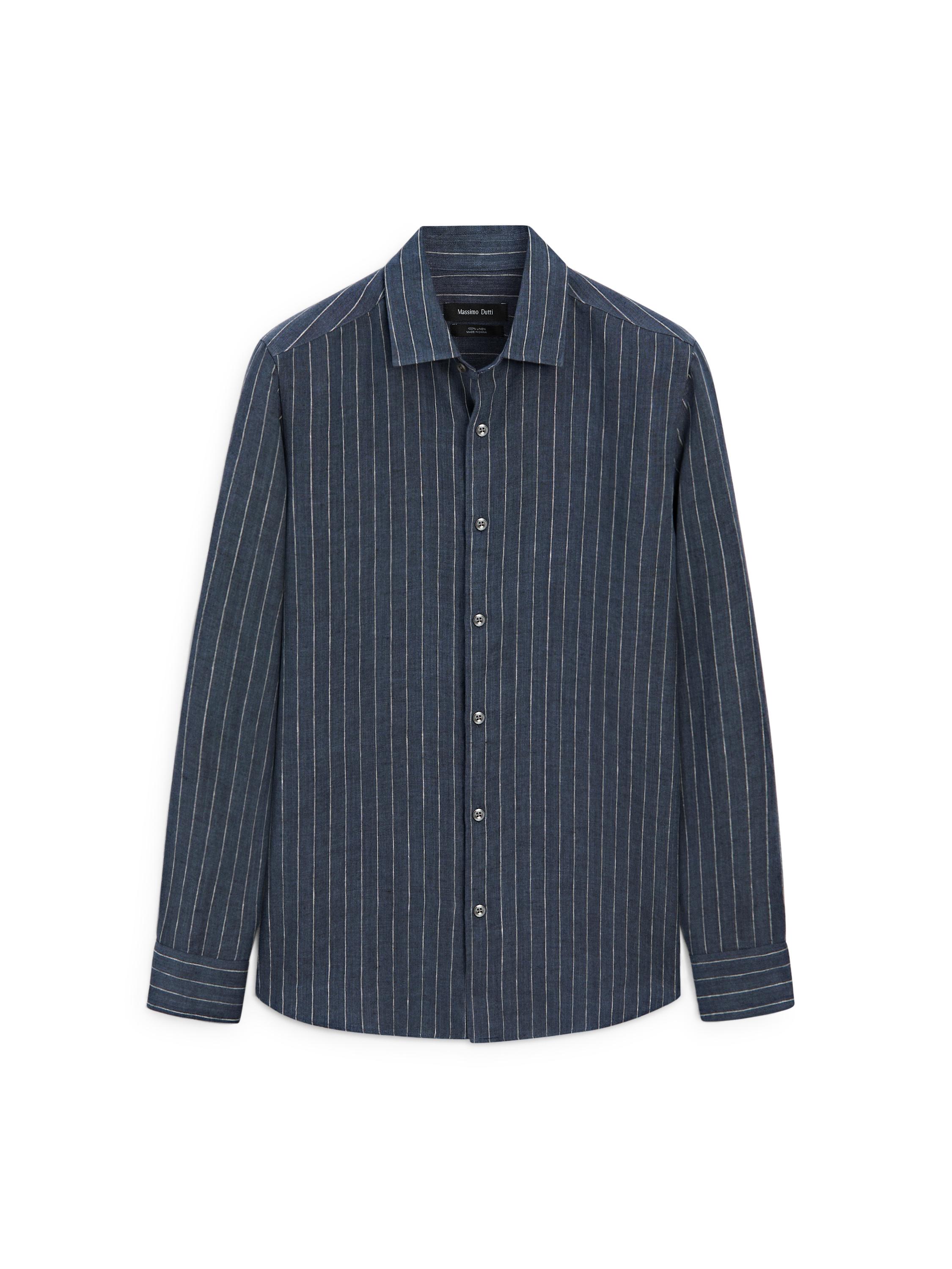 Regular fit 100% linen striped shirt — FADED BLUE