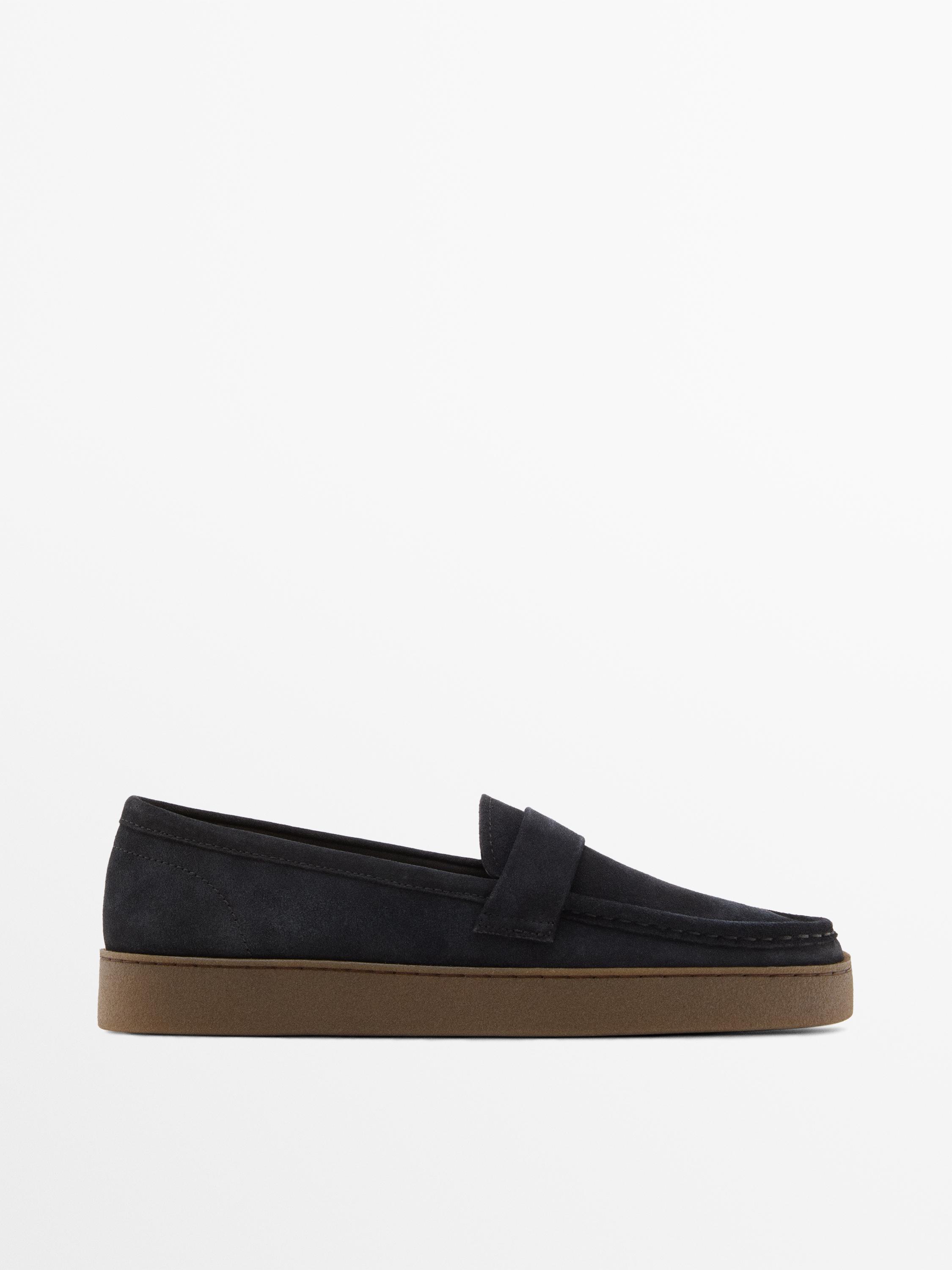 Split leather loafers with caramel sole — Dark blue