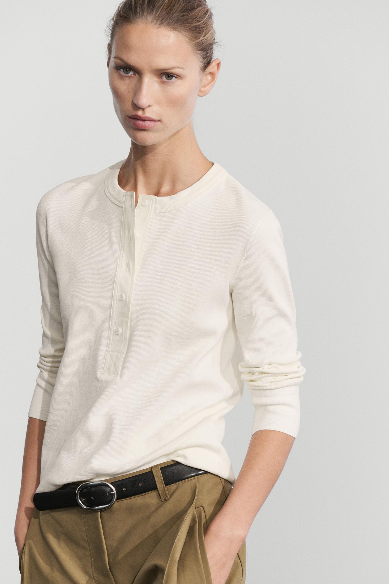 Cotton blend henley T-shirt — CREAM