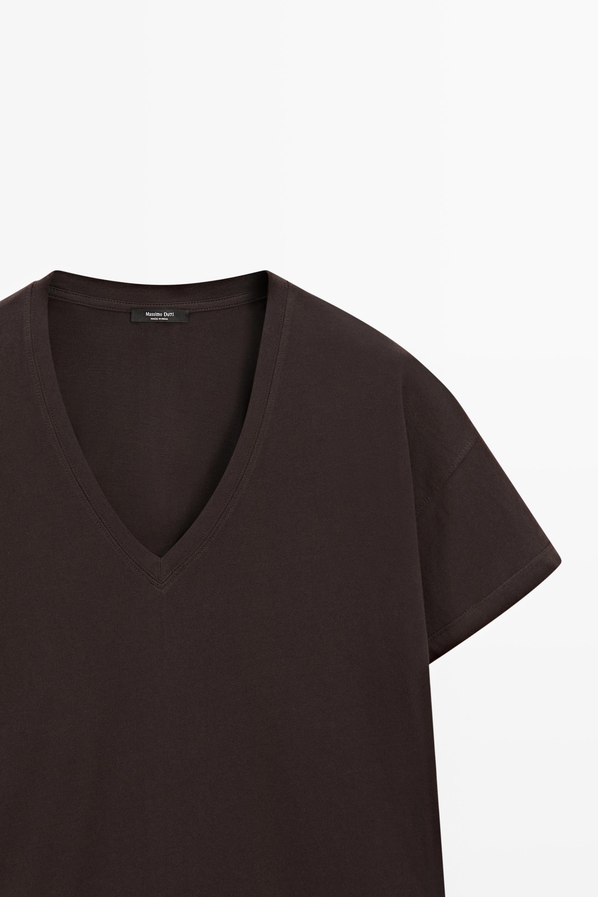 Flowing cropped fit V-neck T-shirt — BROWN