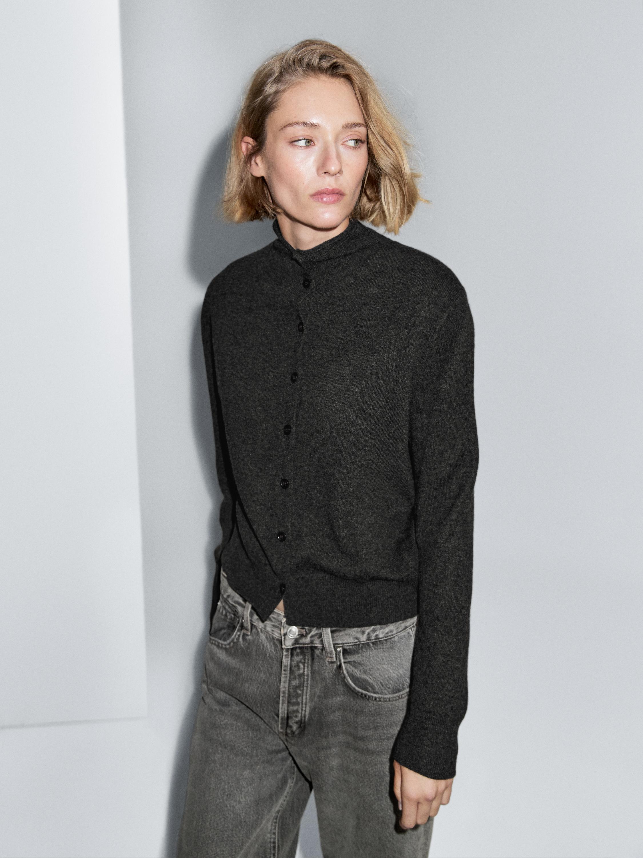 100% wool high neck knit cardigan