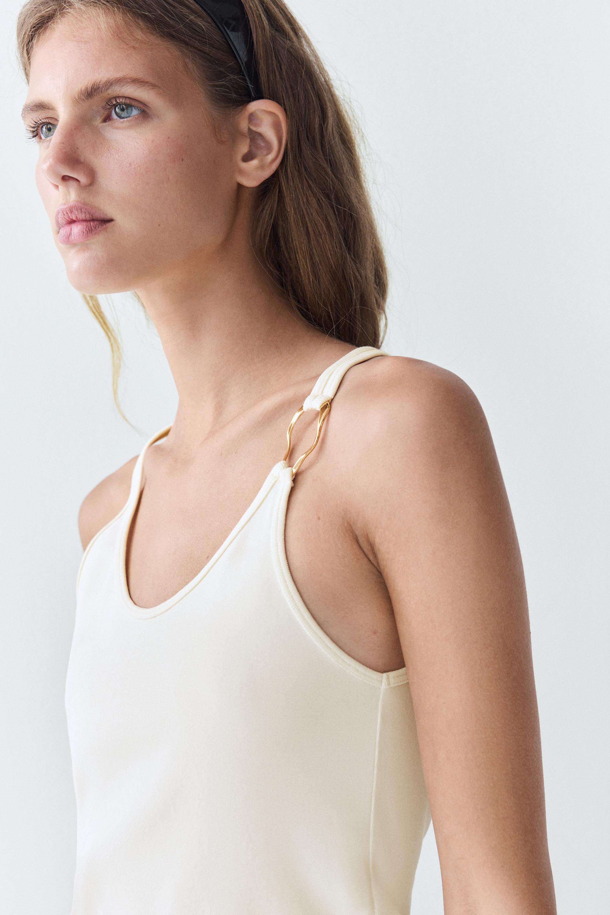 Cotton blend jeweled detail top — CREAM