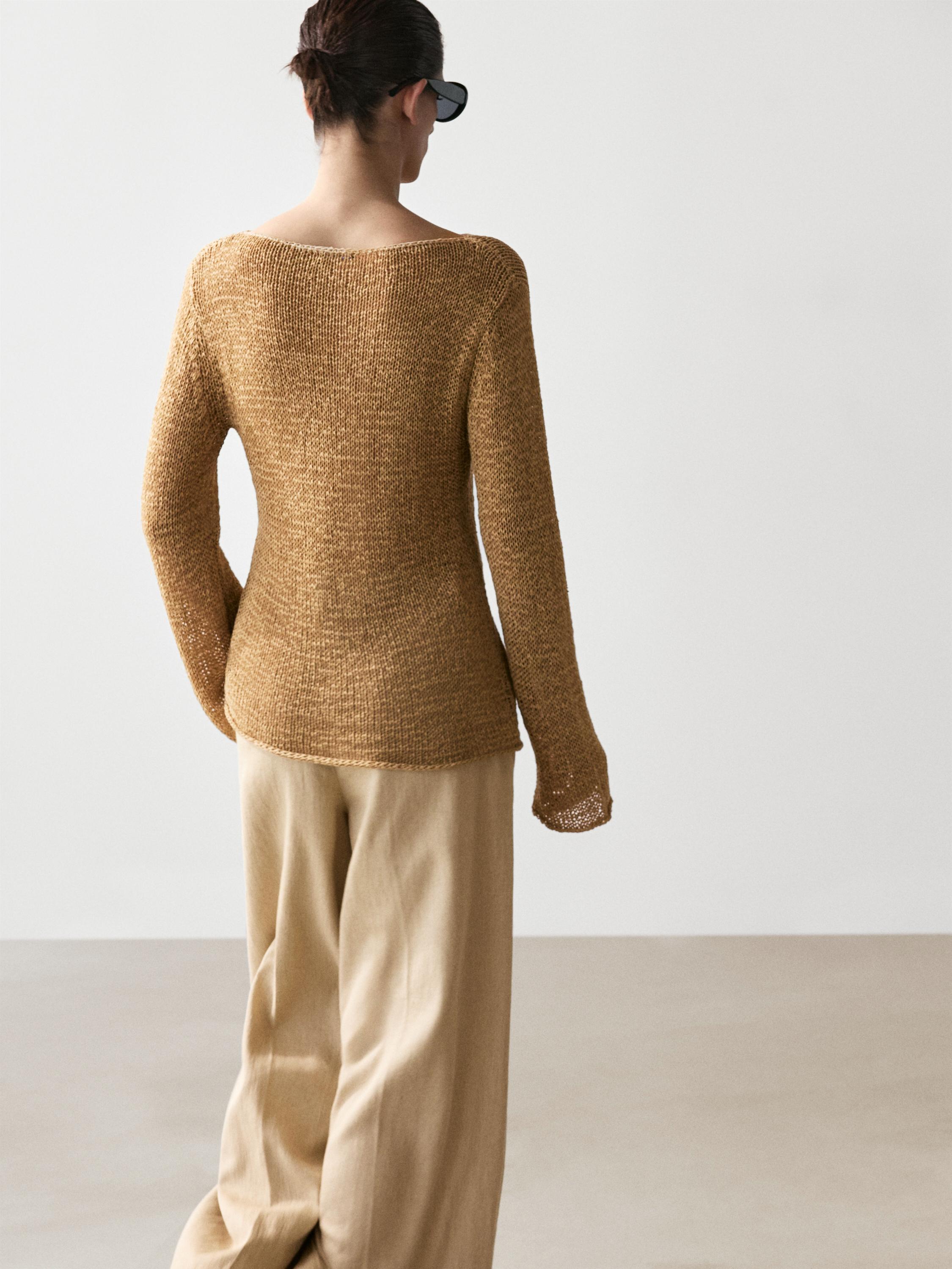 Cotton blend knit boat neck sweater — OCHRE