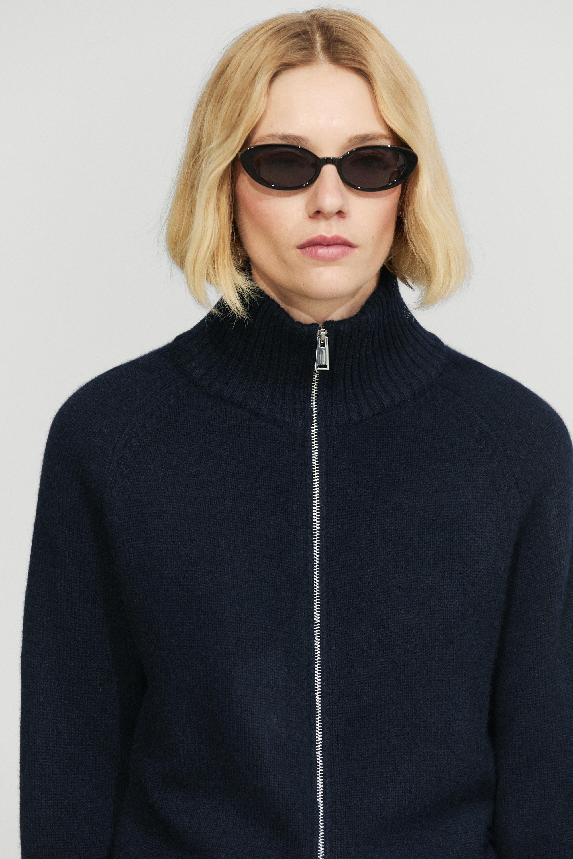 100% cashmere zip knit cardigan — NAVY BLUE