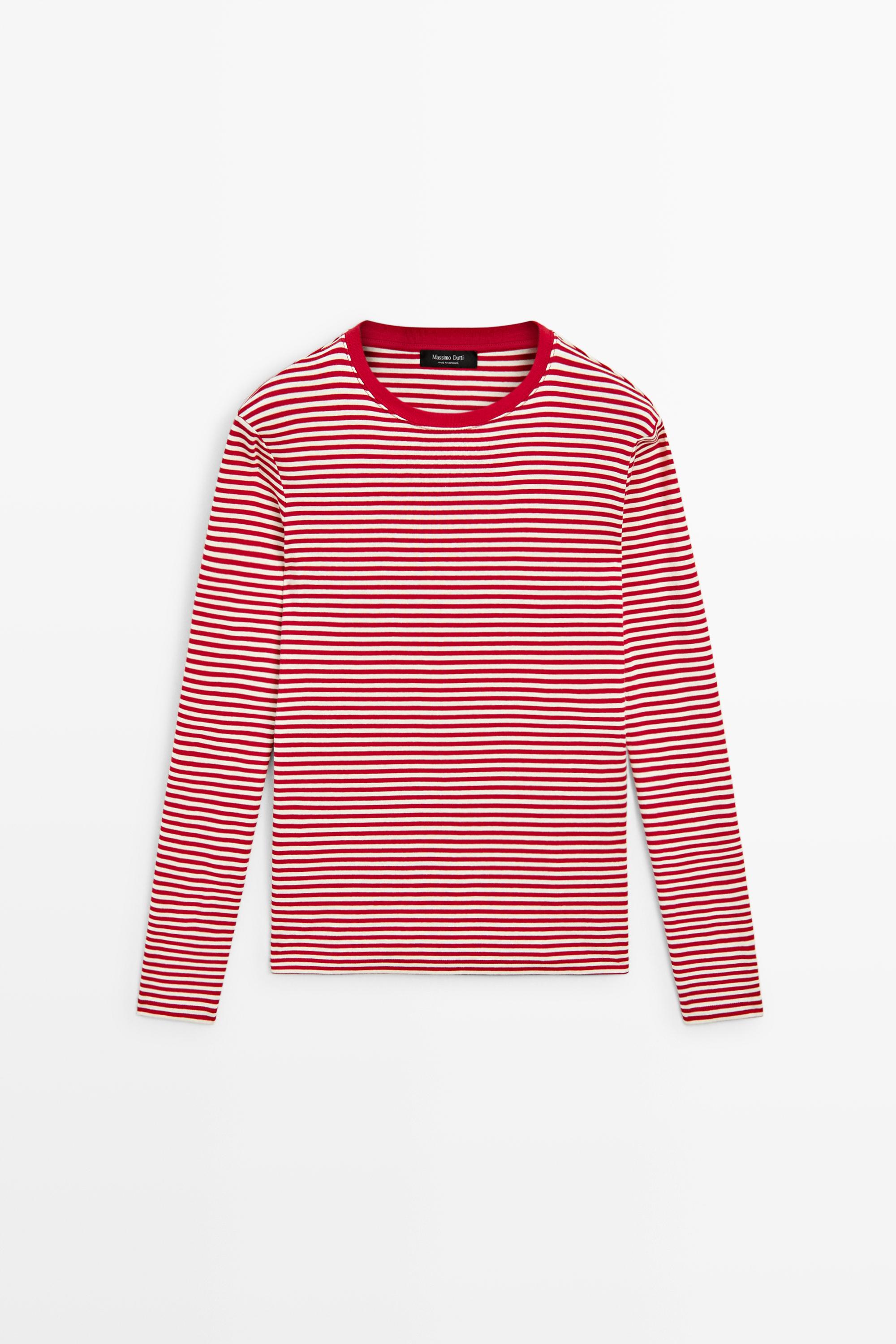 100% cotton long sleeve striped T-shirt — RED